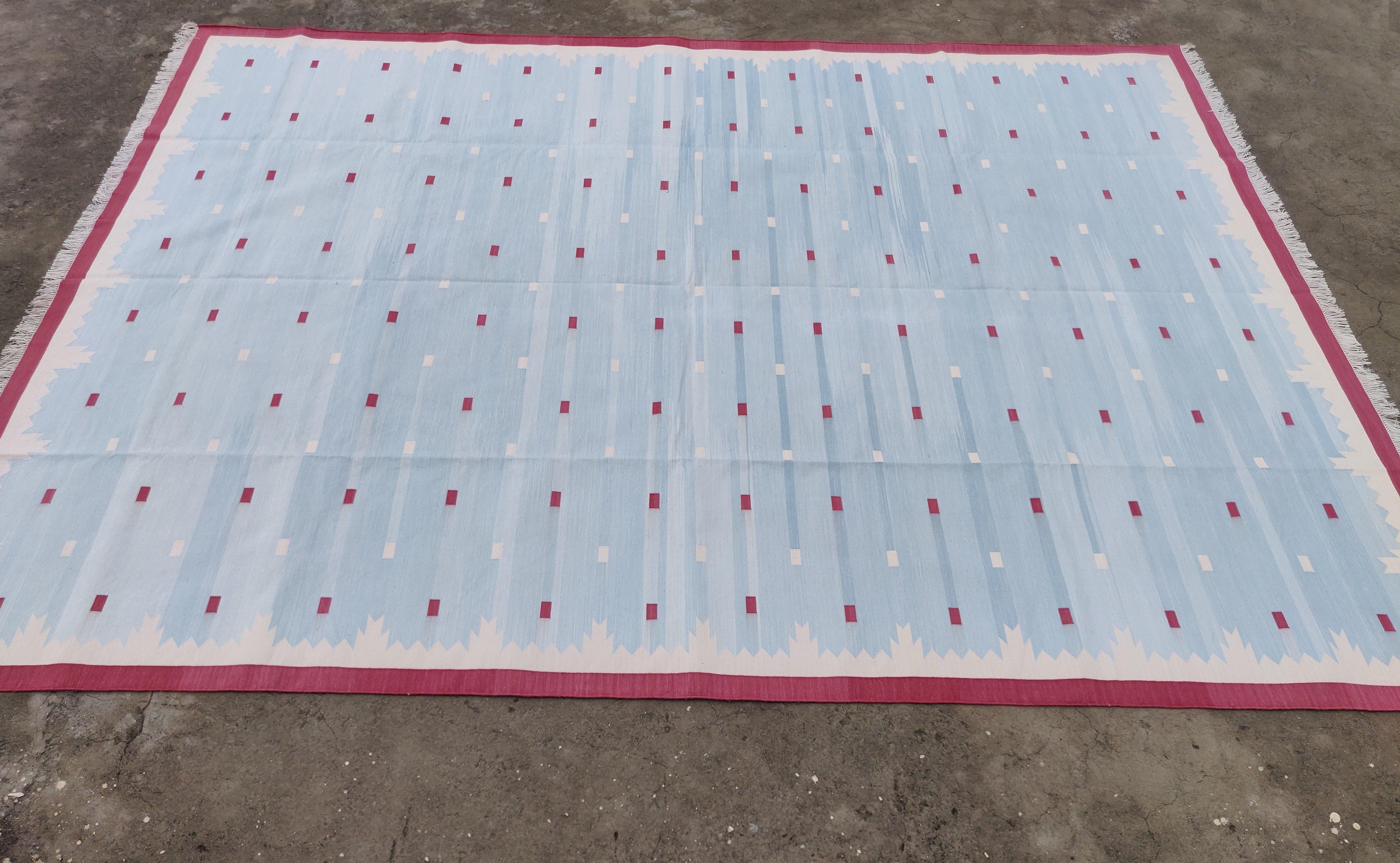 Handmade Cotton Area Flat Weave Rug, 10x14 Blue And Pink Geometric Indian Rug For Sale 4