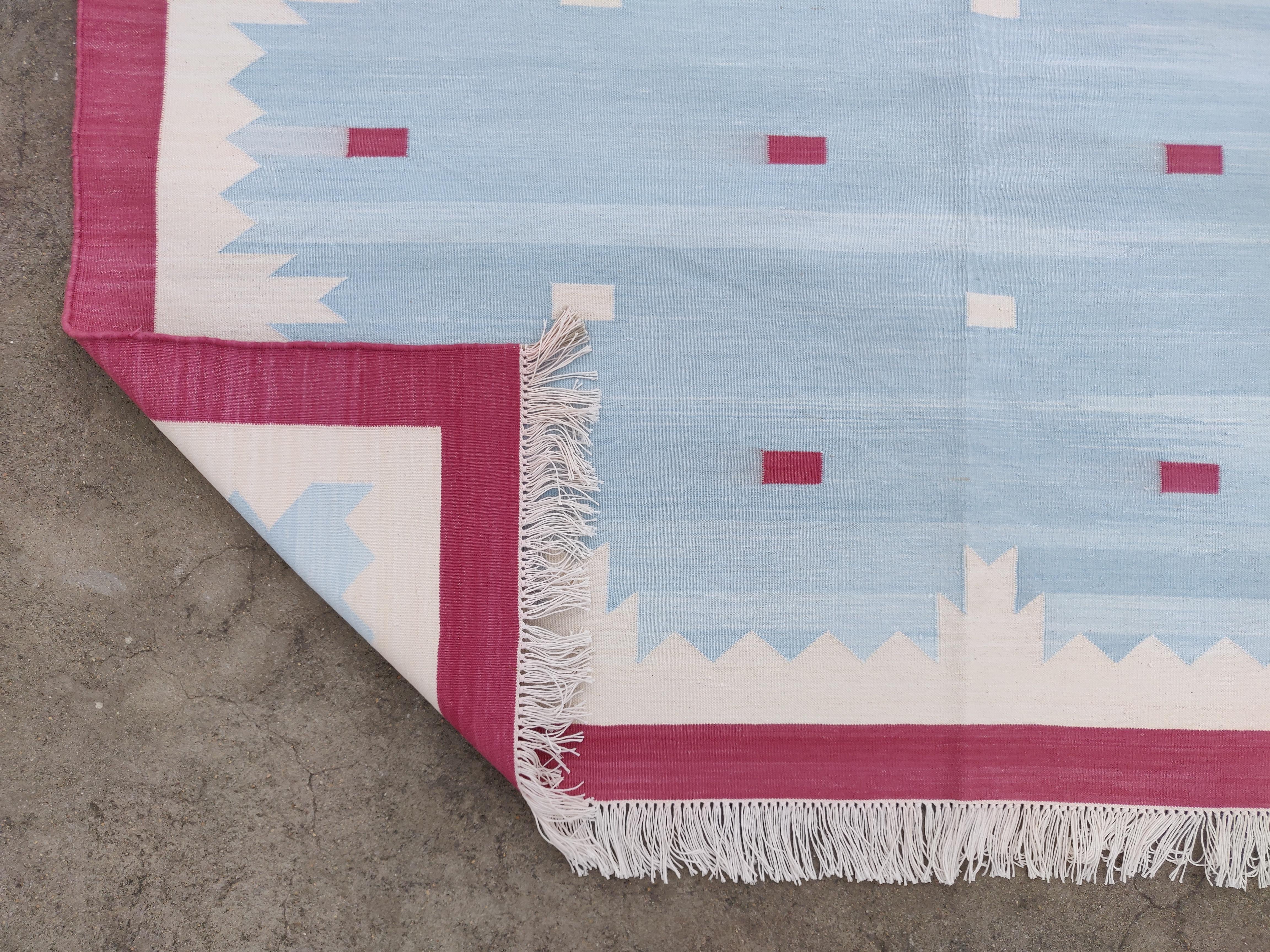 Handmade Cotton Area Flat Weave Rug, 10x14 Blue And Pink Geometric Indian Rug For Sale 5