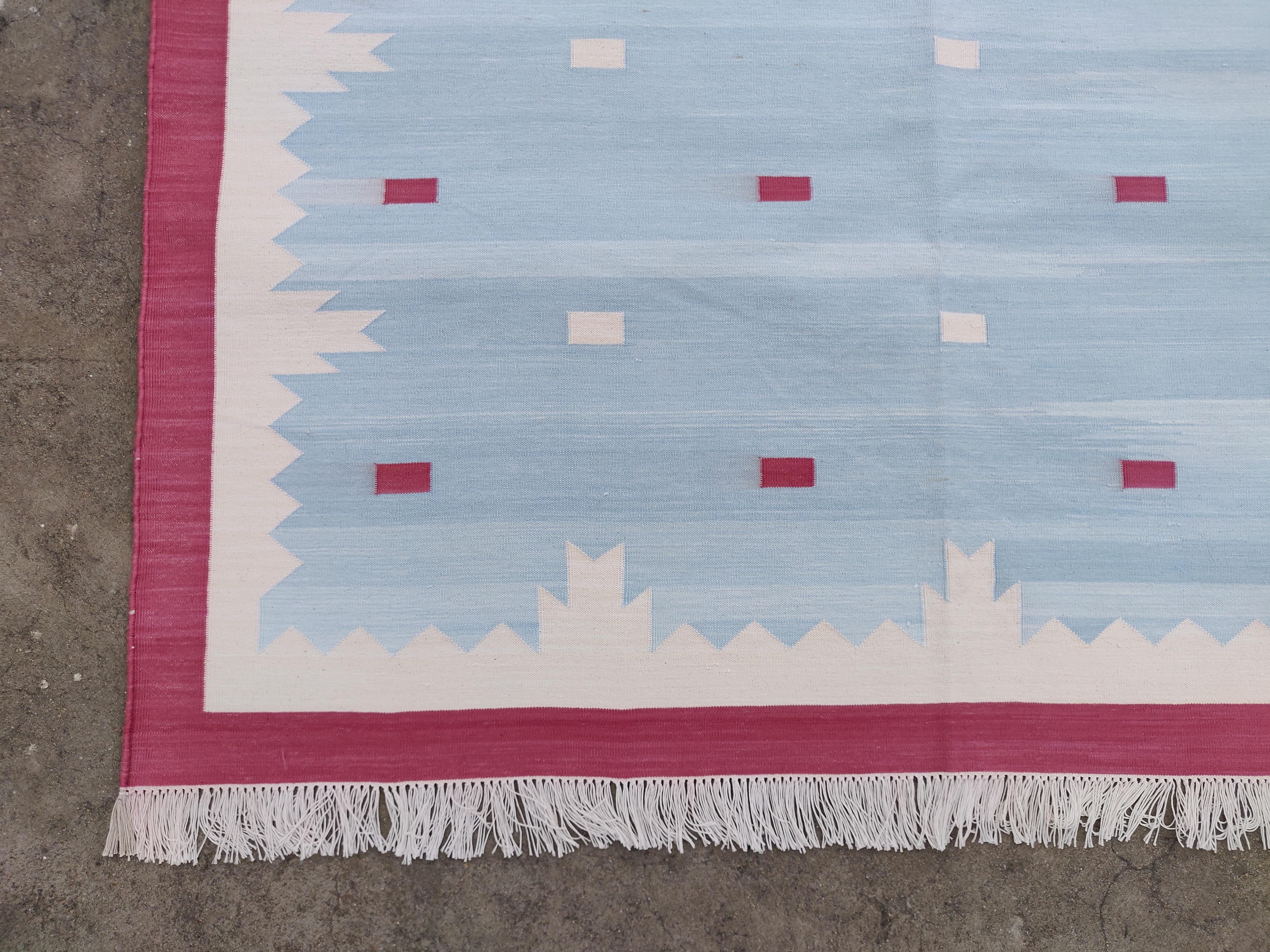 Handmade Cotton Area Flat Weave Rug, 10x14 Blue And Pink Geometric Indian Rug For Sale 1