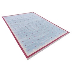 Handgefertigter flacher Baumwollteppich mit Flachgewebe, 10x14 Blauer und rosa geometrischer indischer Teppich