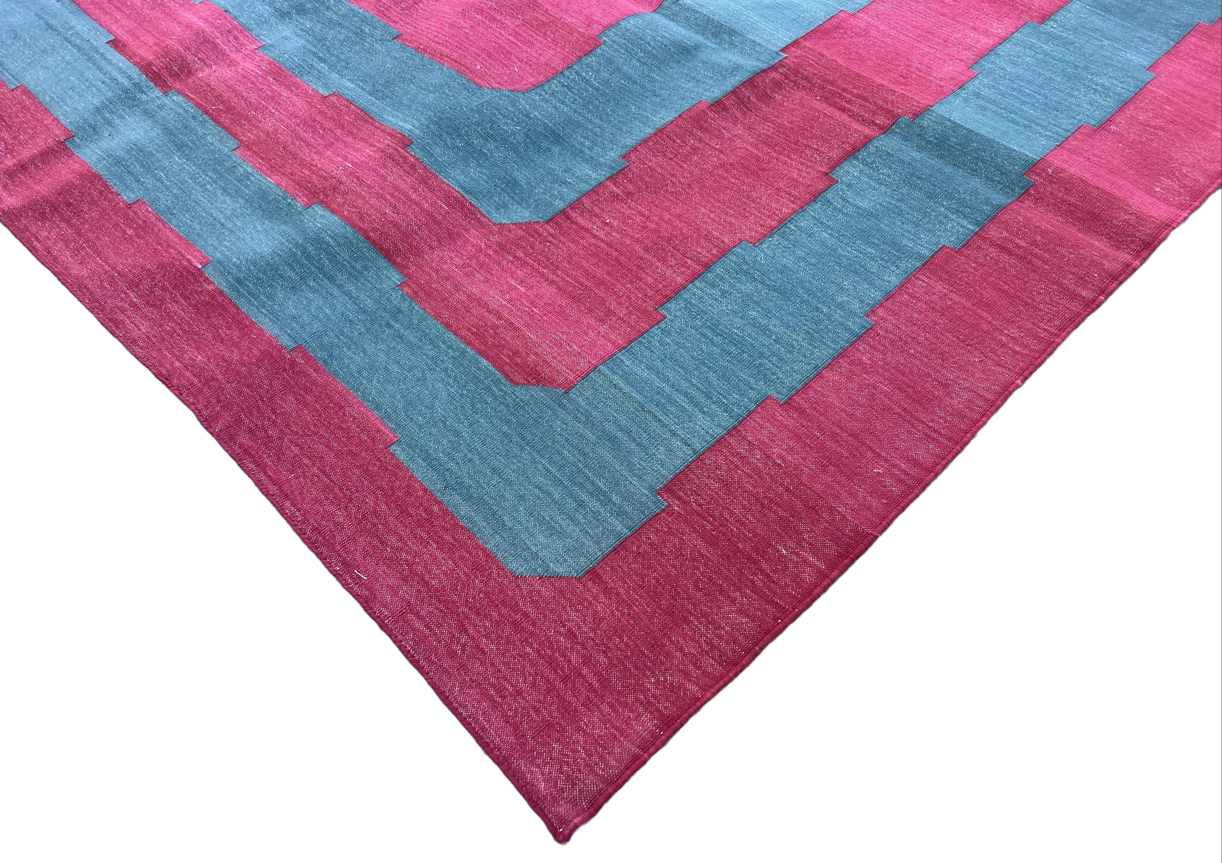 Handmade Cotton Area Flat Weave Rug, 10x14 Blue And Pink Striped Indian Dhurrie For Sale 3