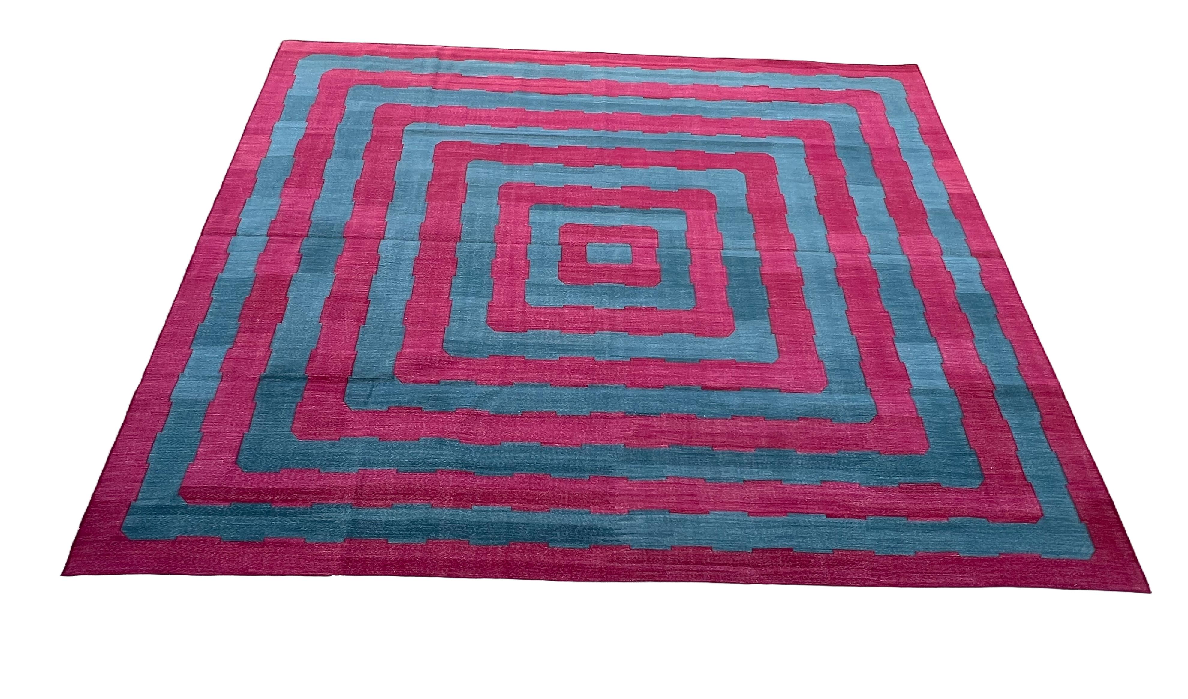 Mid-Century Modern Handmade Cotton Area Flat Weave Rug, 10x14 Blue And Pink Striped Indian Dhurrie For Sale