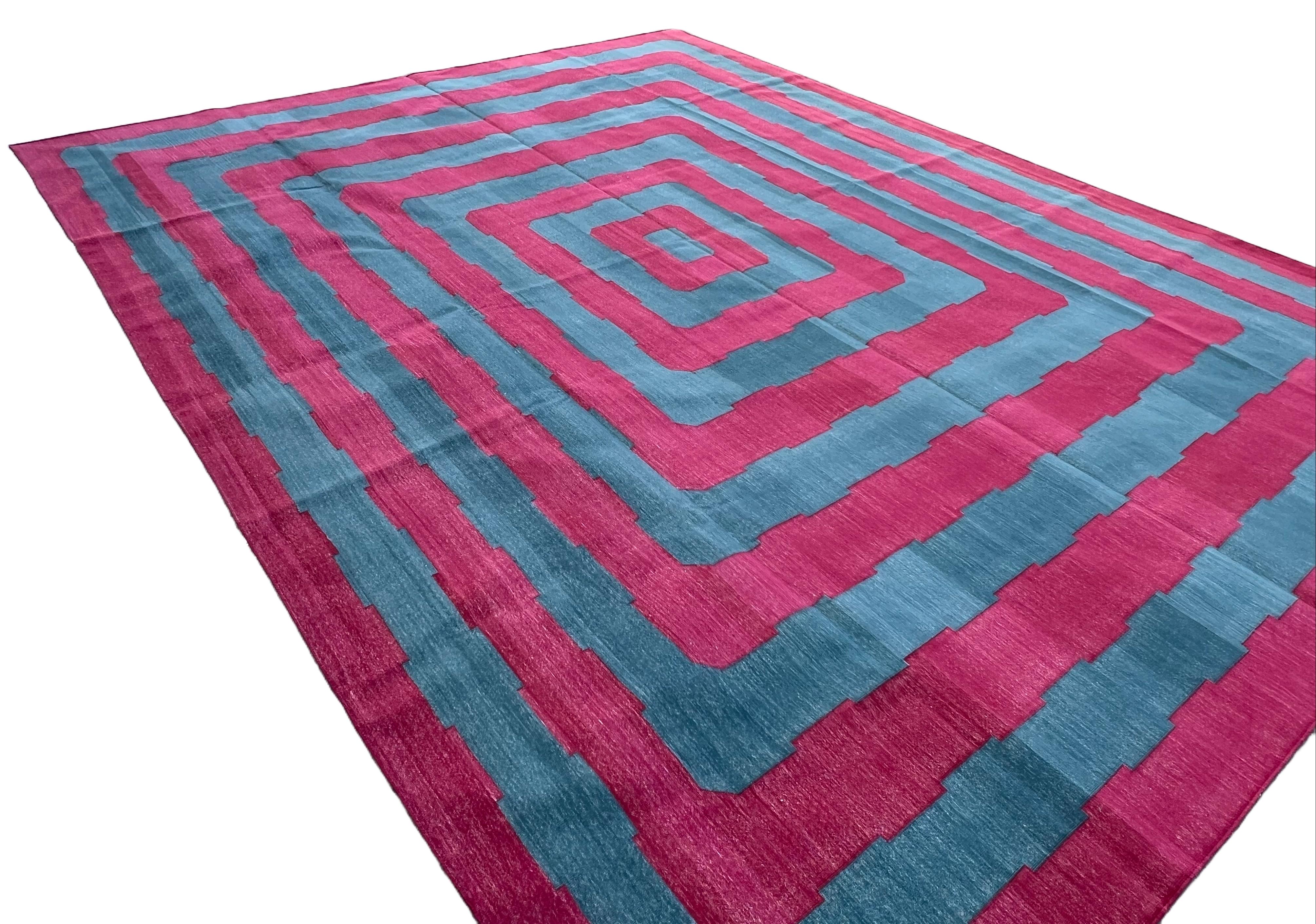 Contemporary Handmade Cotton Area Flat Weave Rug, 10x14 Blue And Pink Striped Indian Dhurrie For Sale