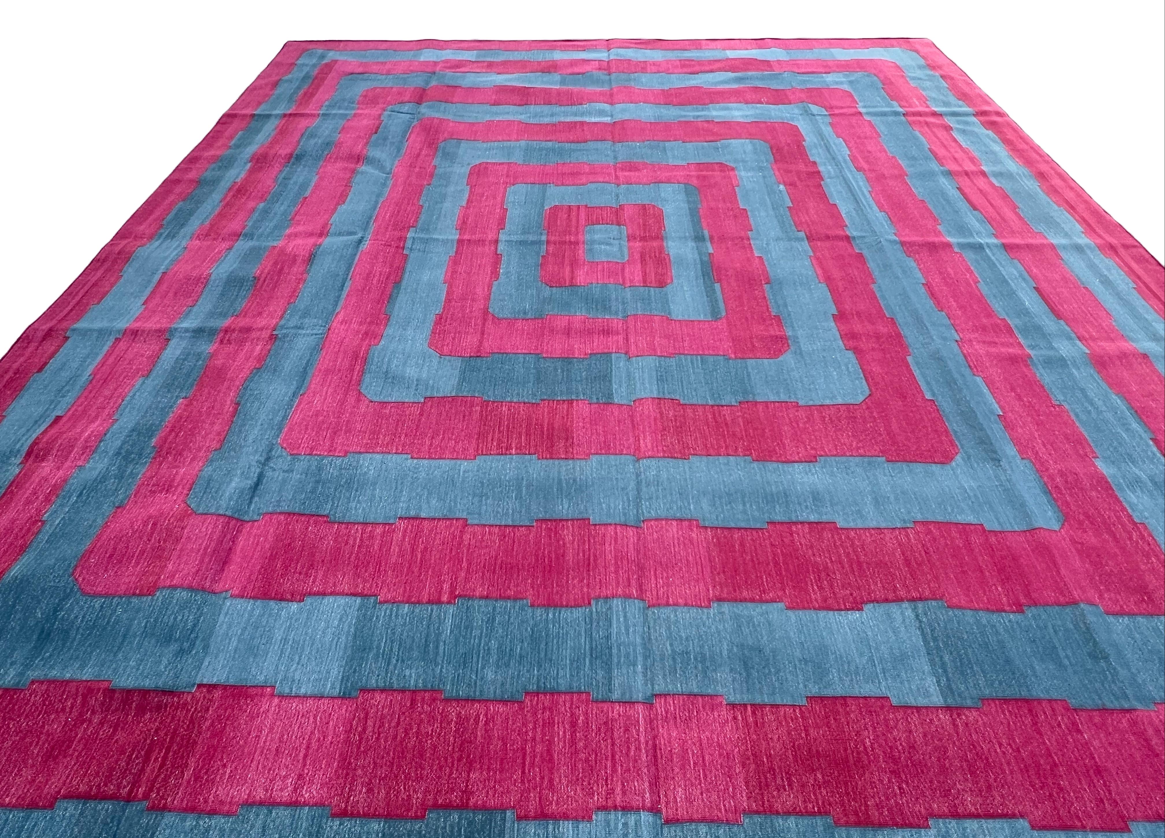 Contemporary Handmade Cotton Area Flat Weave Rug, 10x14 Blue And Pink Striped Indian Dhurrie For Sale