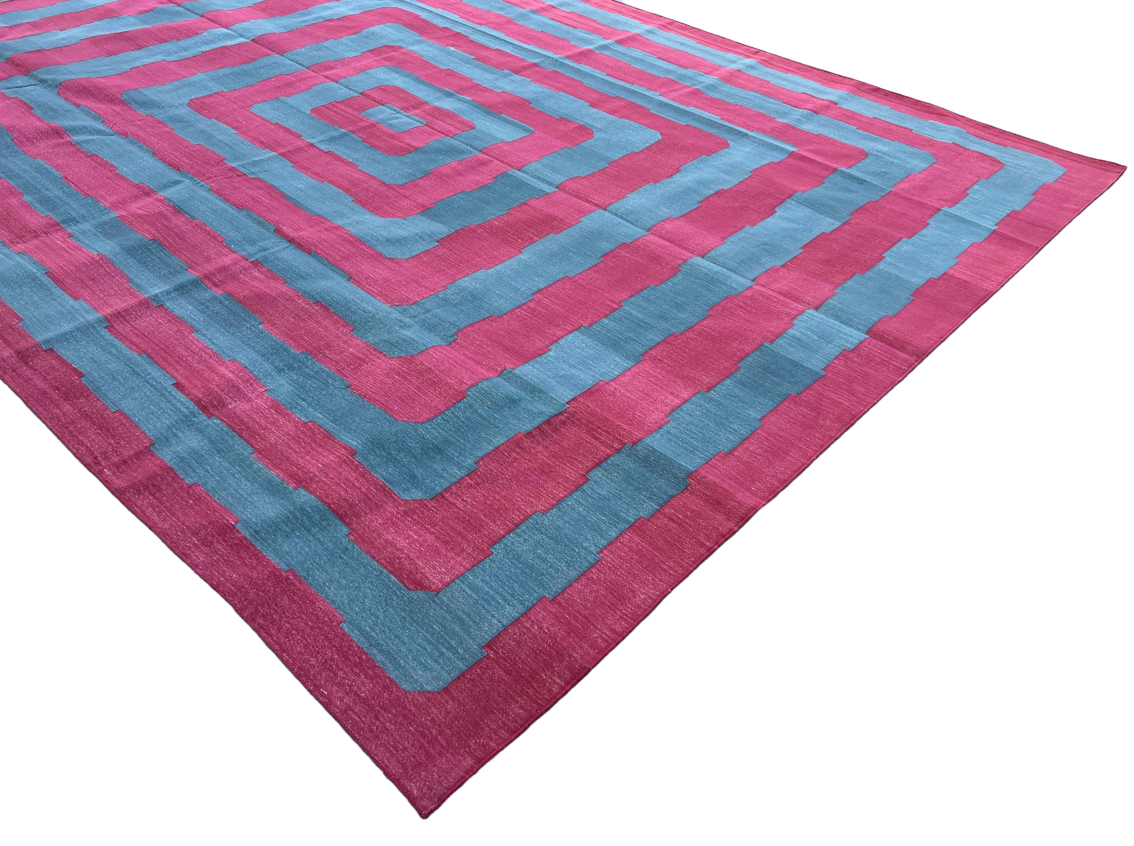 Handmade Cotton Area Flat Weave Rug, 10x14 Blue And Pink Striped Indian Dhurrie For Sale 3