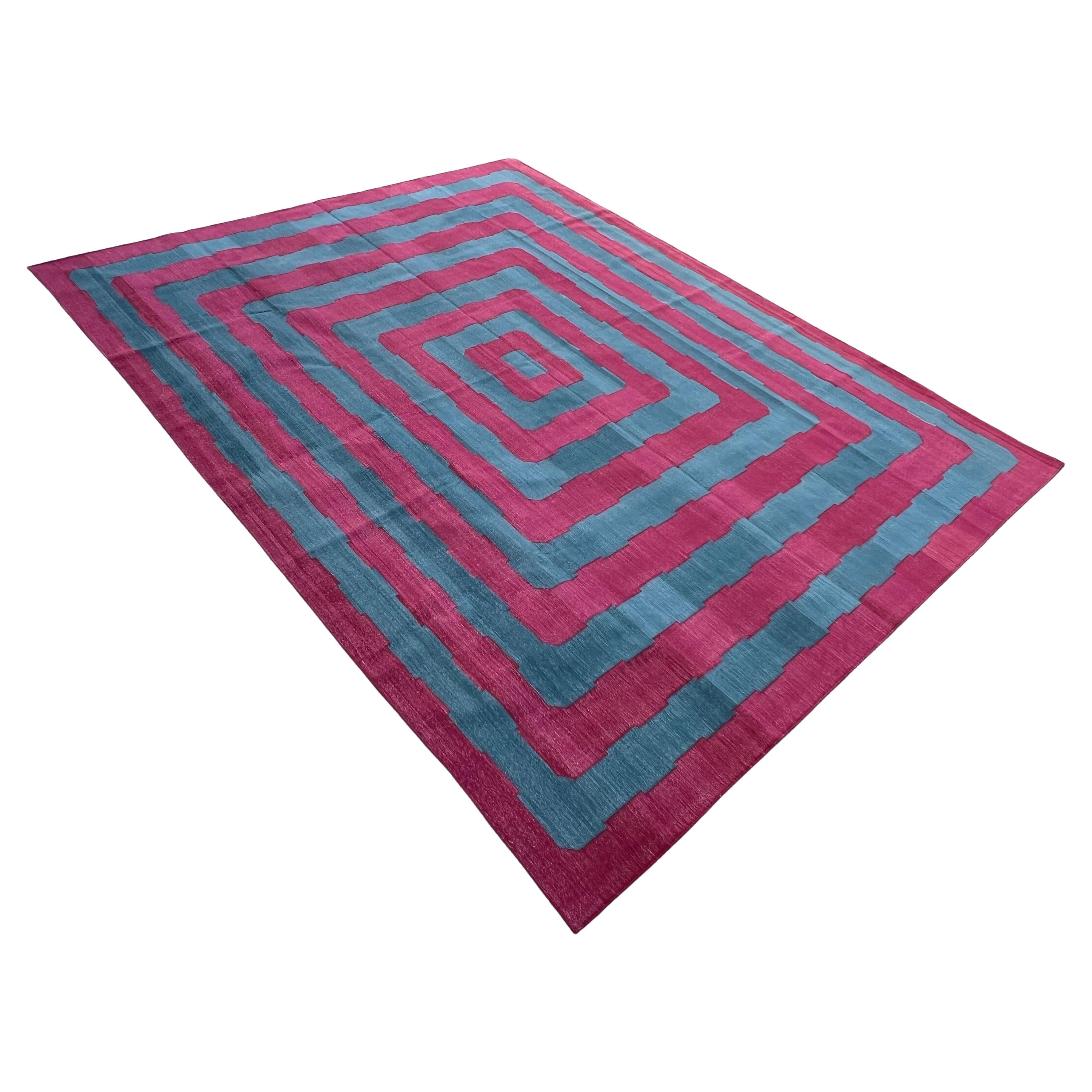 Handmade Cotton Area Flat Weave Rug, 10x14 Blue And Pink Striped Indian Dhurrie For Sale