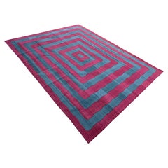 Handgefertigter Flachgewebe-Teppich aus Baumwolle, 10x14, blau und rosa gestreifter indischer Dhurrie