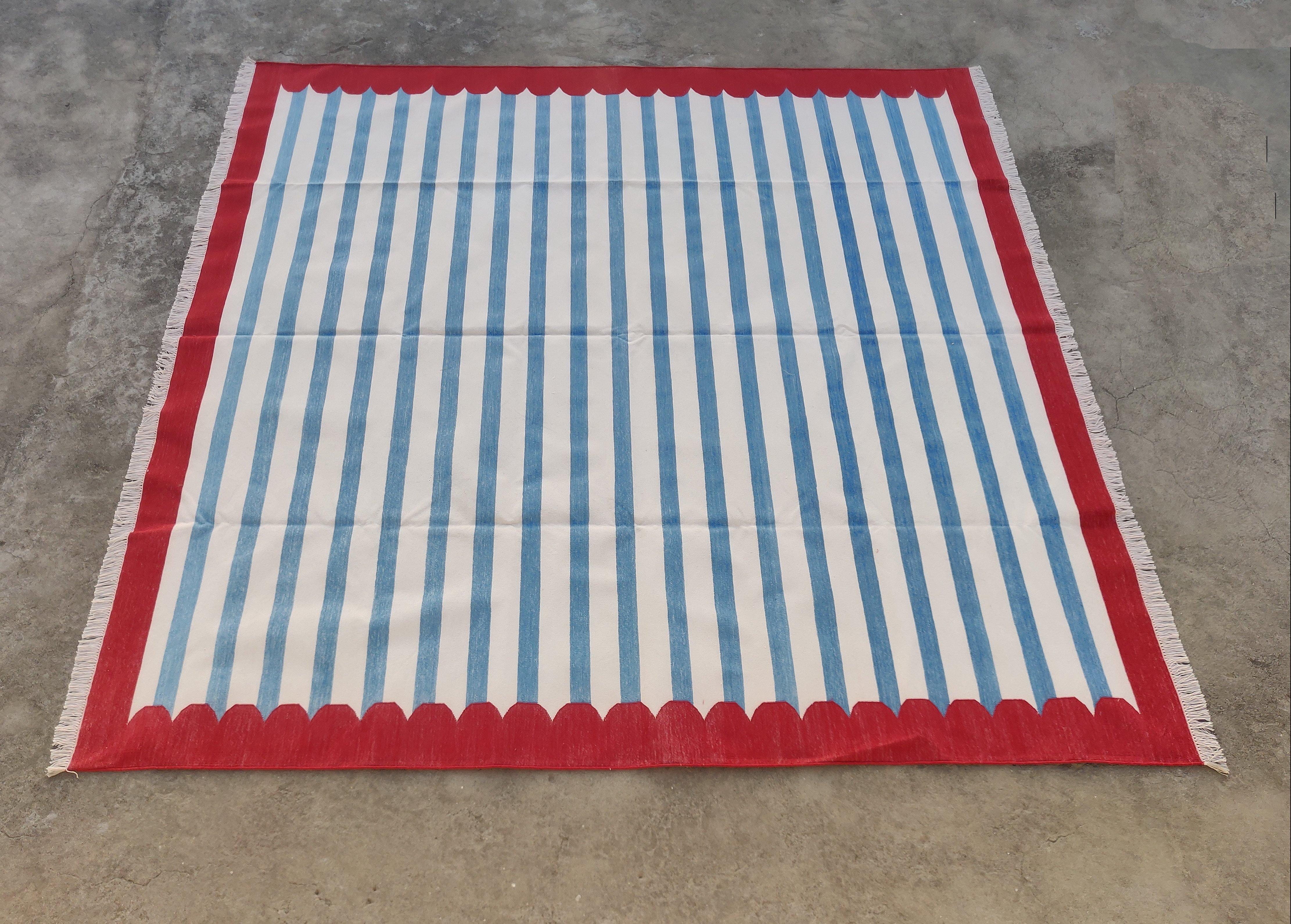 Handmade Cotton Area Flat Weave Rug, 10x14 Blue And Red Striped Indian Dhurrie For Sale 3