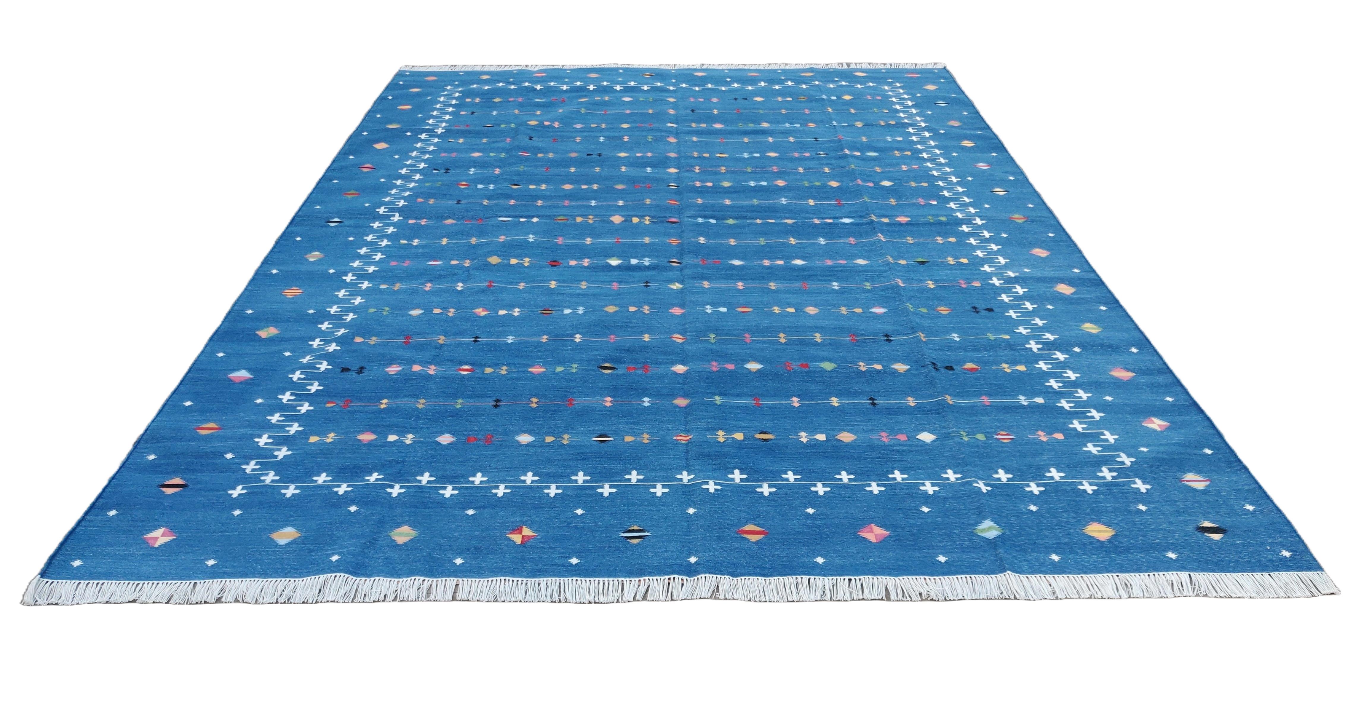 Hand-Woven Handmade Cotton Area Flat Weave Rug, 10x14 Blue And White Shooting Star Dhurrie For Sale