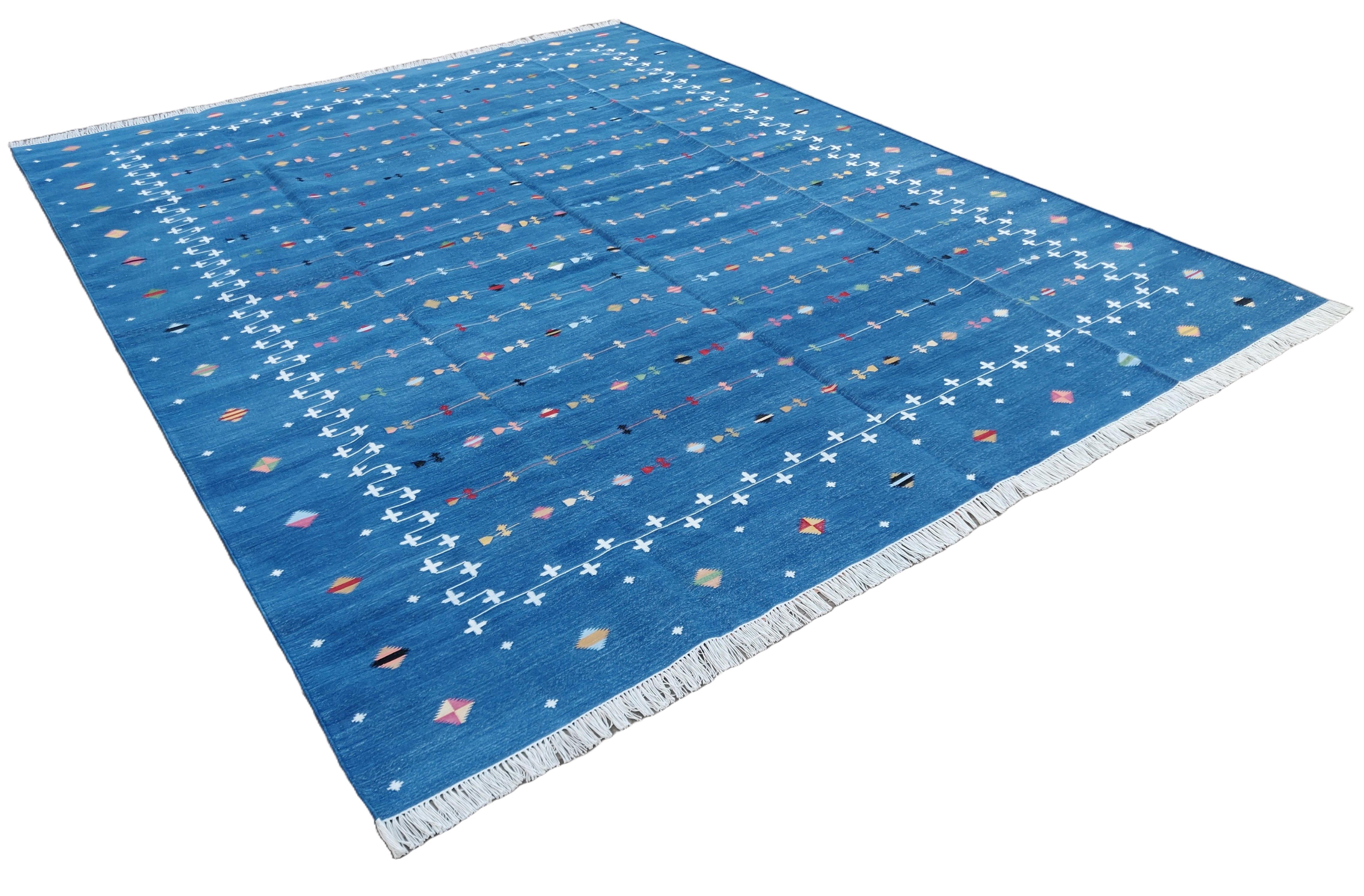 Handmade Cotton Area Flat Weave Rug, 10x14 Blue And White Shooting Star Dhurrie For Sale 2