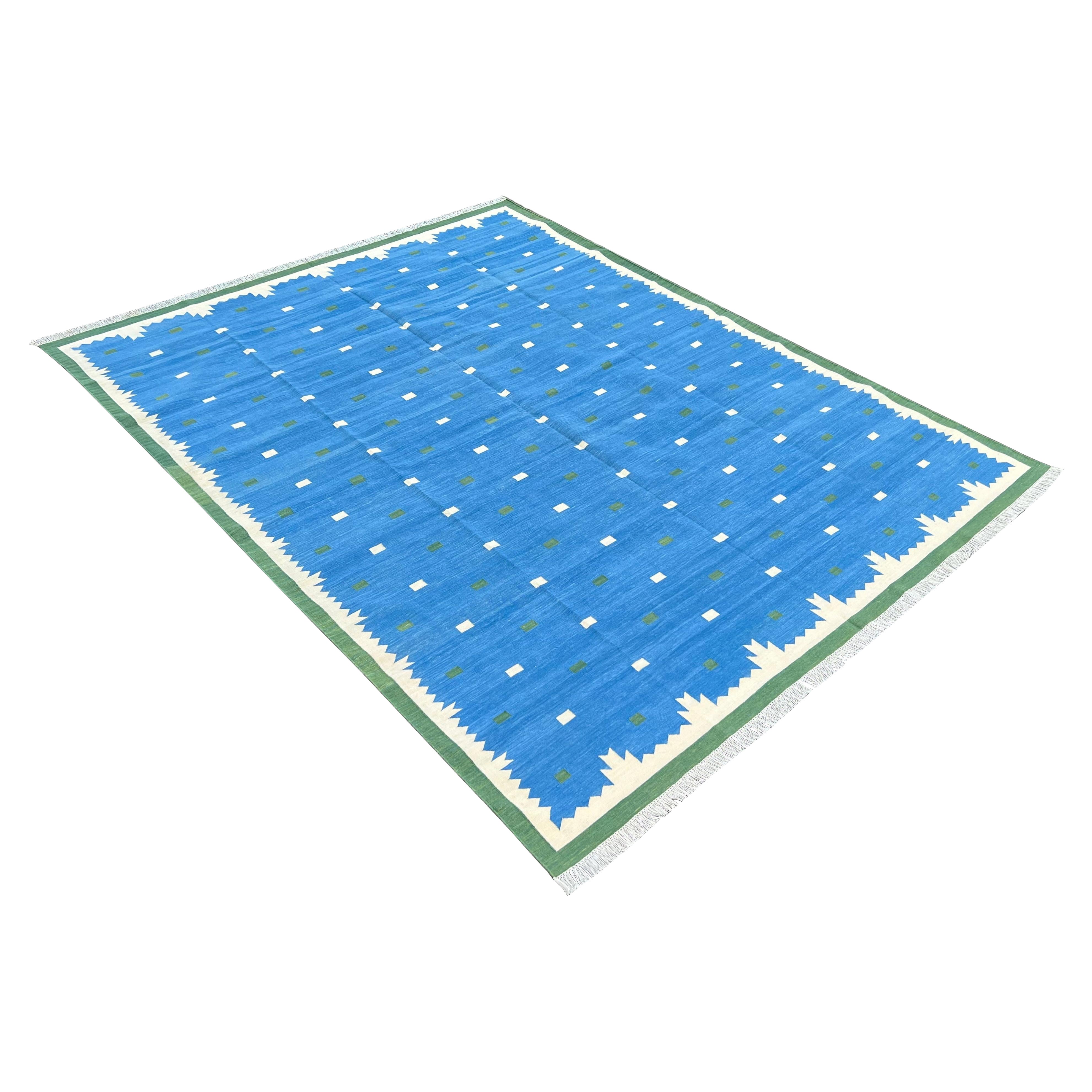 Handgefertigter Flachgewebe-Teppich aus Baumwolle, 10x14 Blau, Grün Geometrisch Indisch Dhurrie