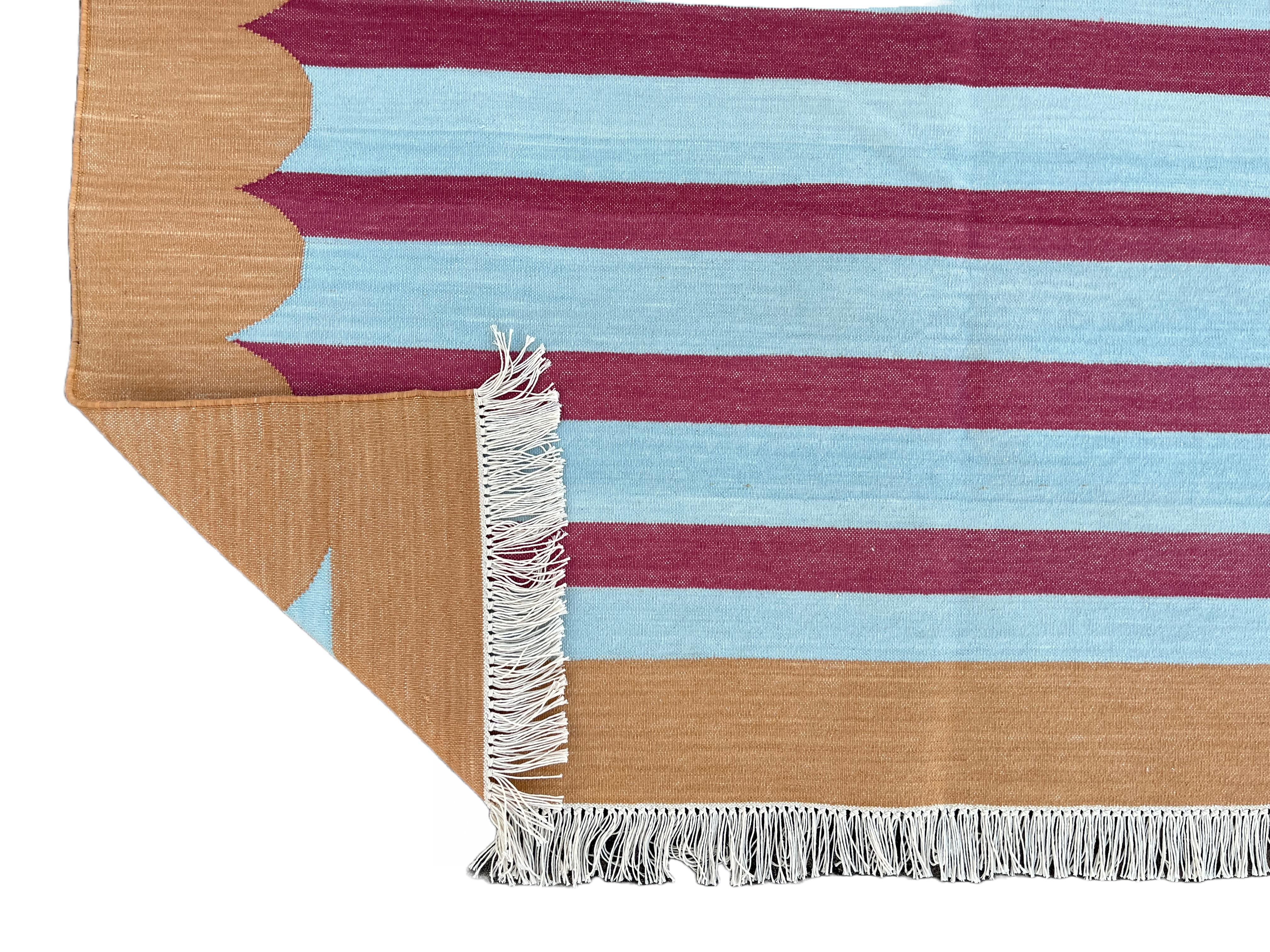 Handmade Cotton Area Flat Weave Rug, 10x14 Blue, Tan, Pink Stripe Indian Dhurrie For Sale 5