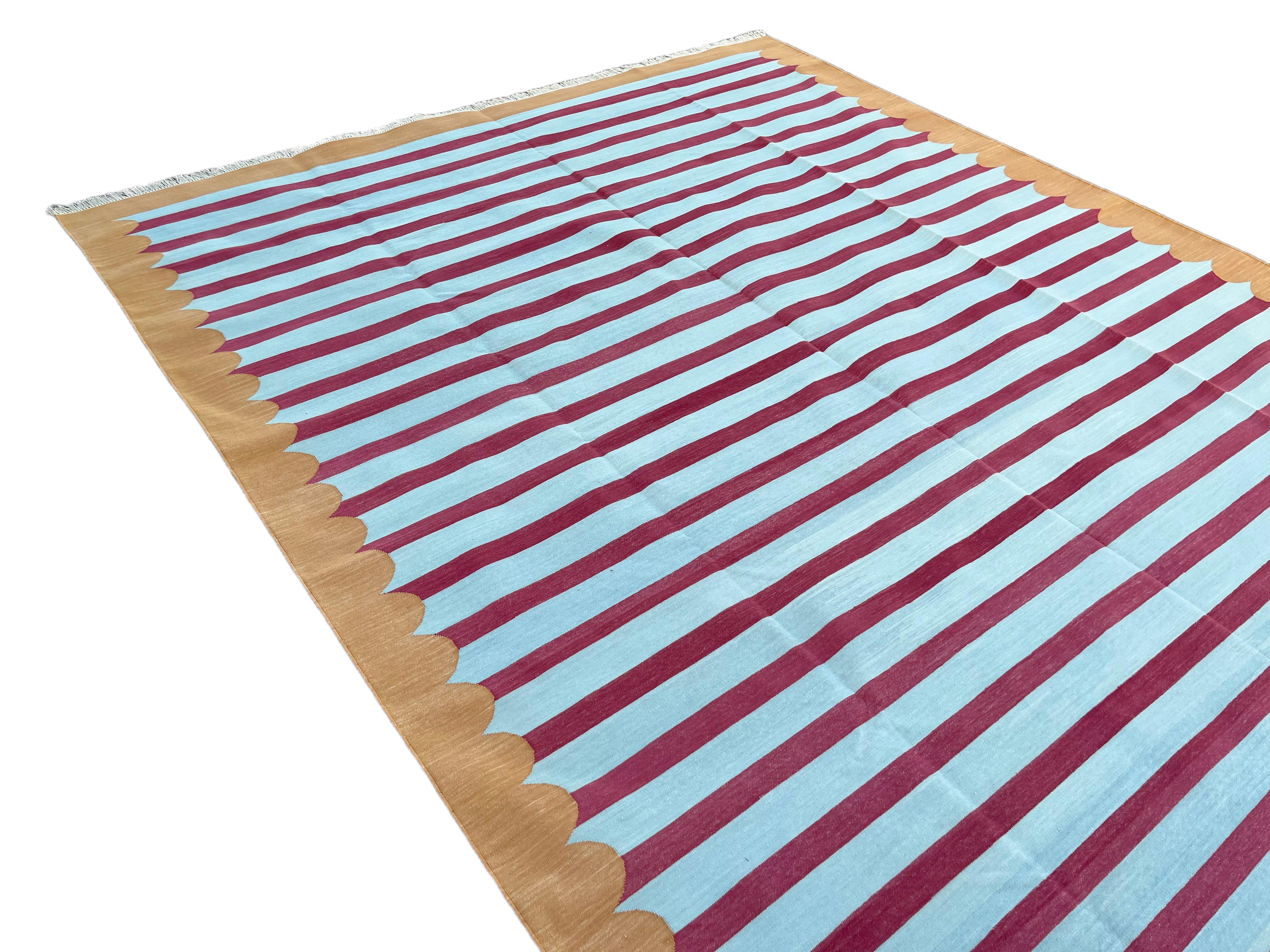 Handmade Cotton Area Flat Weave Rug, 10x14 Blue, Tan, Pink Stripe Indian Dhurrie For Sale 2