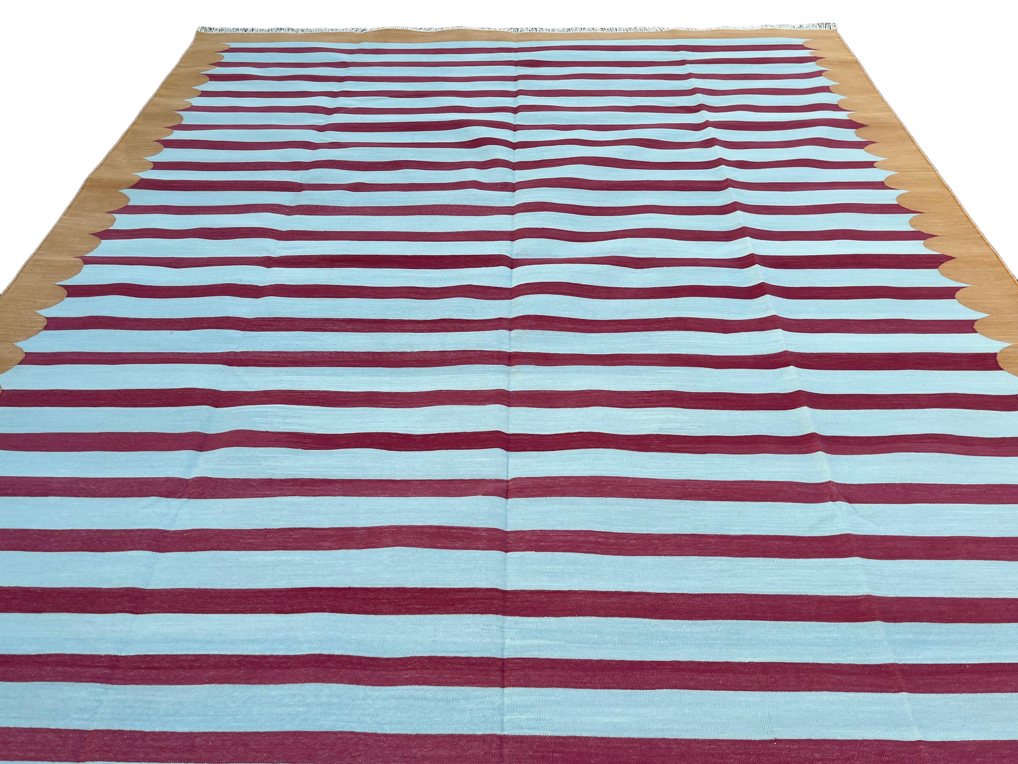 Handmade Cotton Area Flat Weave Rug, 10x14 Blue, Tan, Pink Stripe Indian Dhurrie For Sale 3
