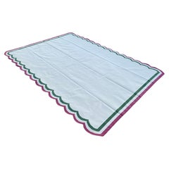 Alfombra de algodón hecha a mano en tejido plano, 10x14 Crema y rosa con rayas de festón Dhurrie