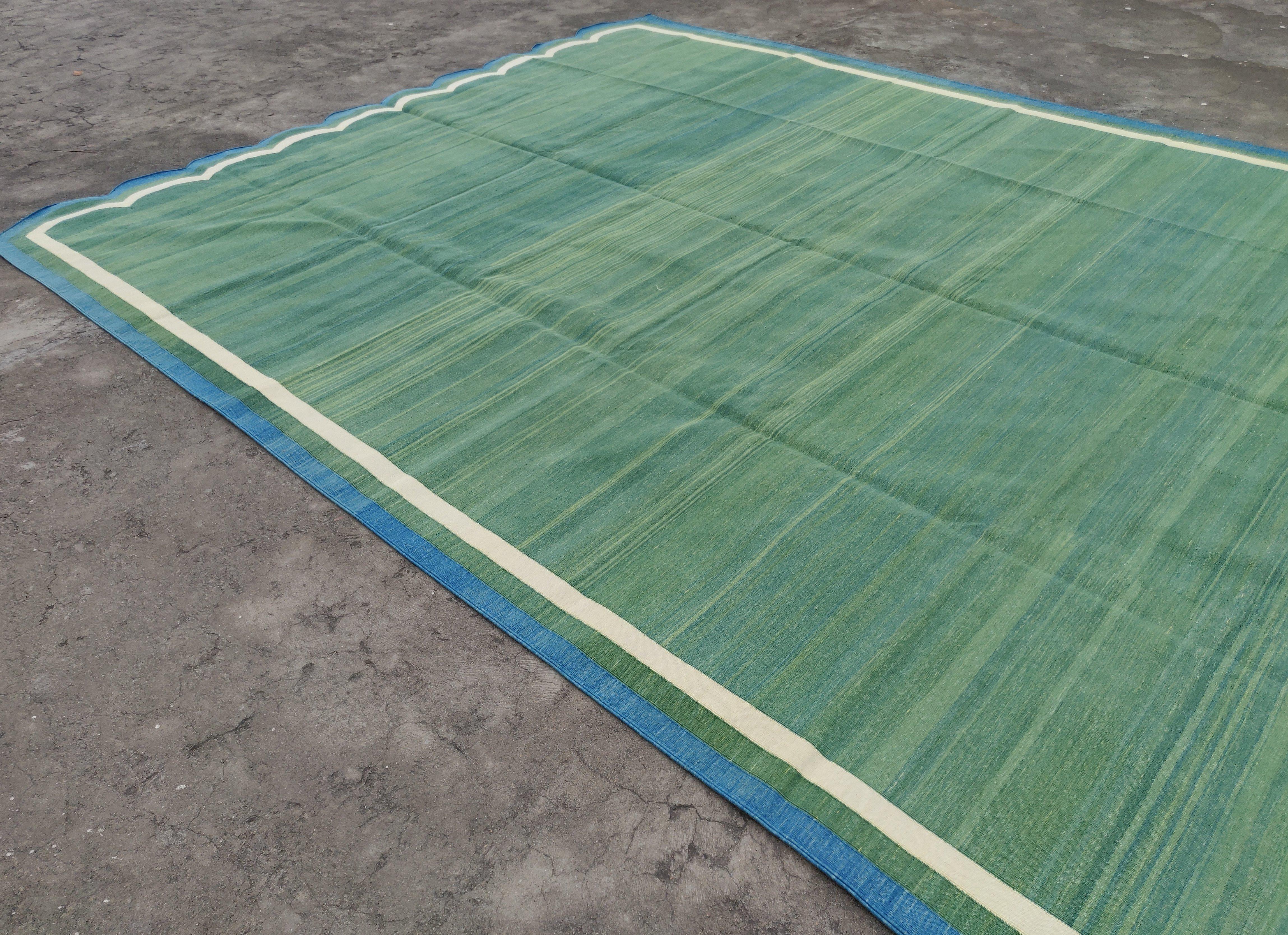 Handmade Cotton Area Flat Weave Rug, 10x14 Green And Blue Scallop Kilim Dhurrie For Sale 3