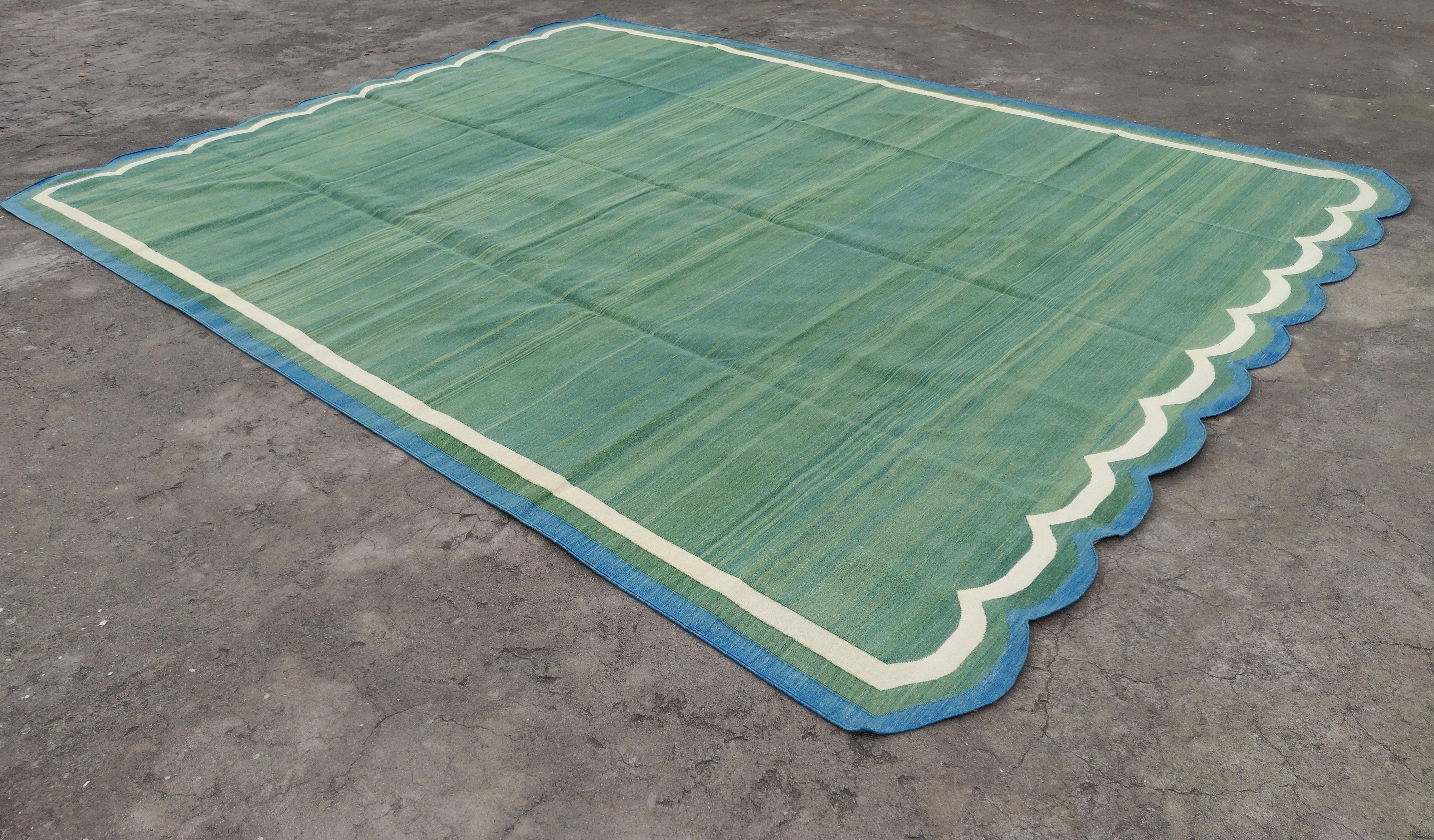 Handmade Cotton Area Flat Weave Rug, 10x14 Green And Blue Scallop Kilim Dhurrie For Sale 4