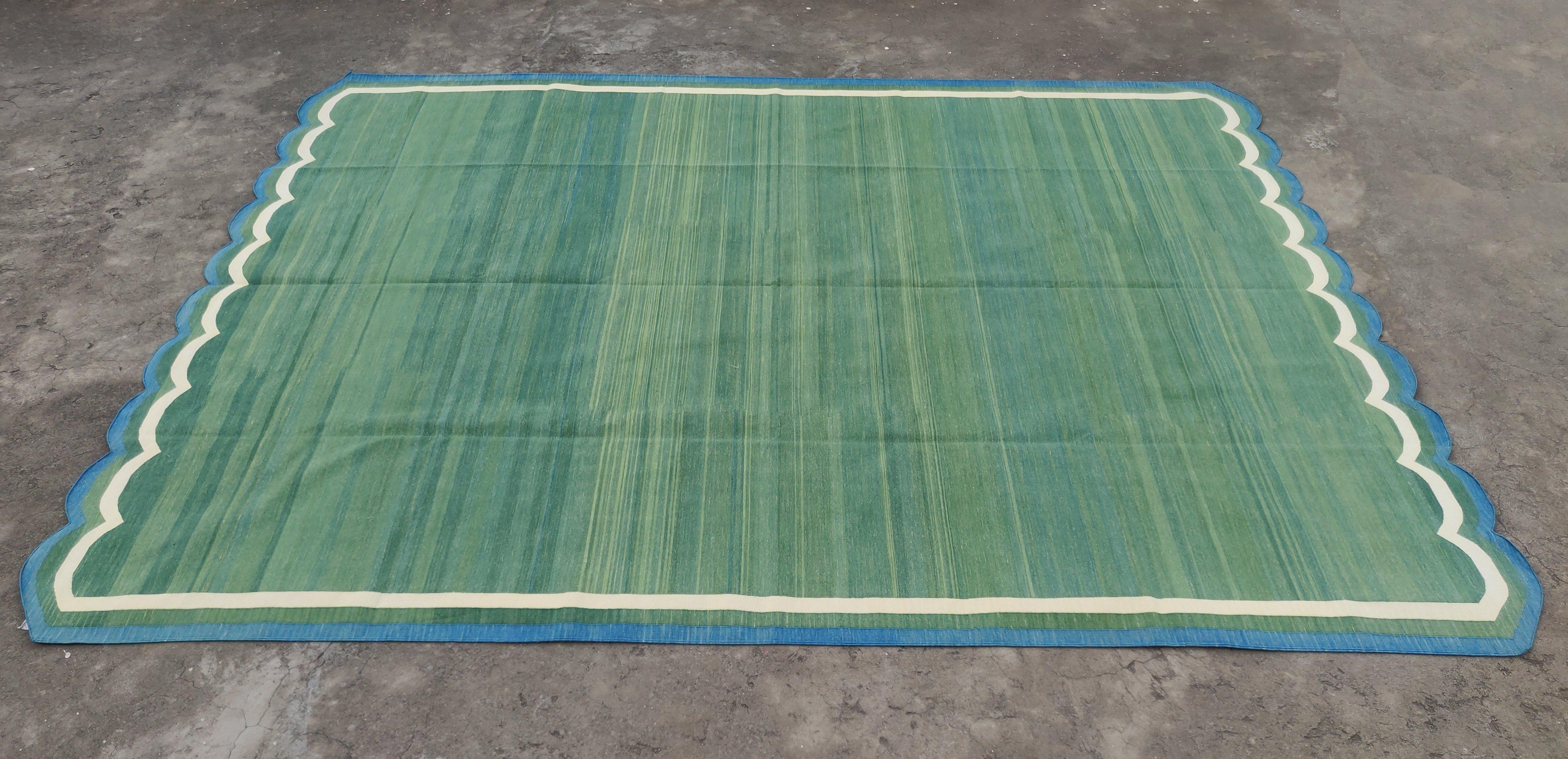 Handmade Cotton Area Flat Weave Rug, 10x14 Green And Blue Scallop Kilim Dhurrie For Sale 5