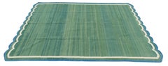 Handmade Cotton Area Flat Weave Rug, 10x14 Green And Blue Scallop Kilim Dhurrie