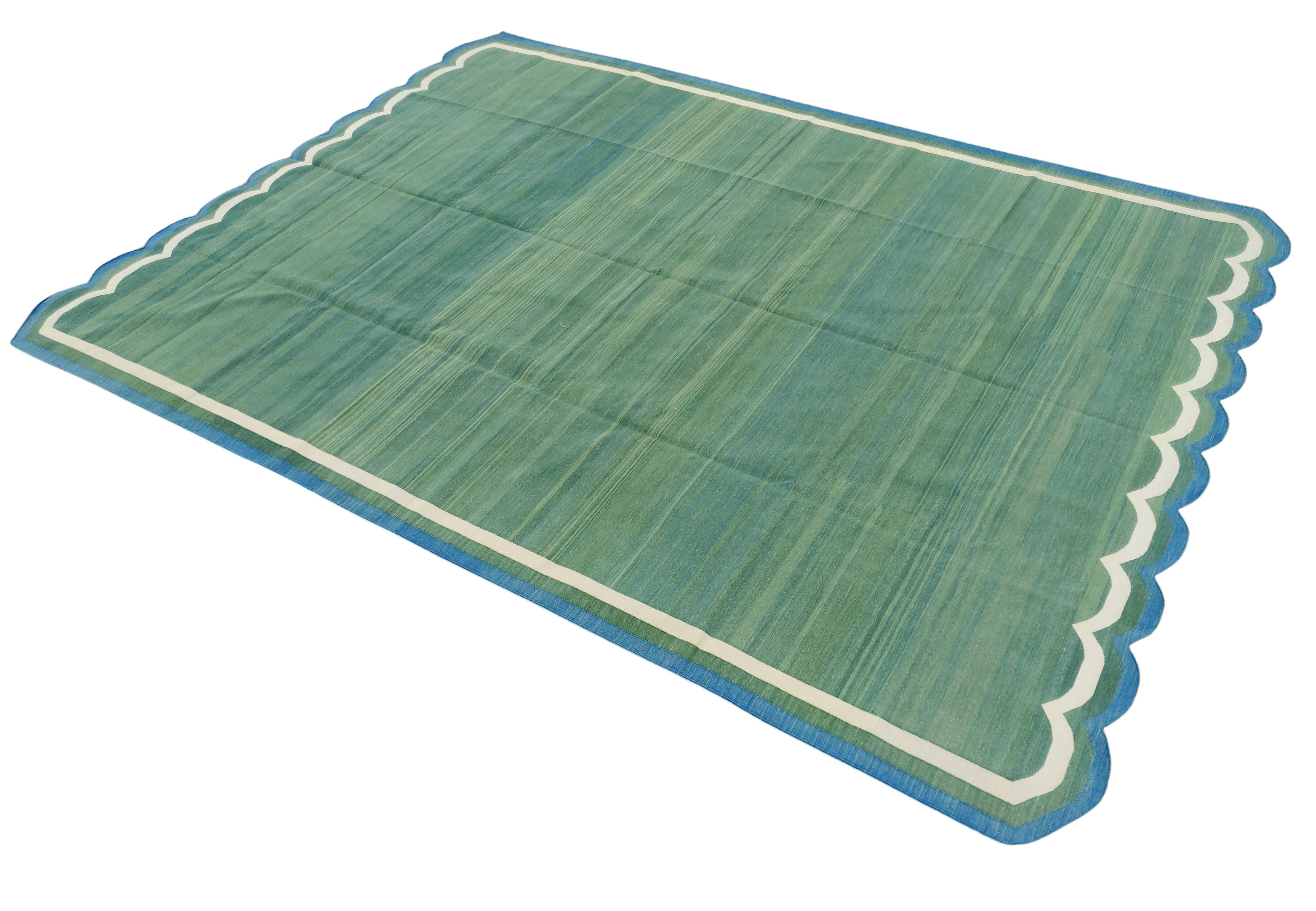 Mid-Century Modern Handmade Cotton Area Flat Weave Rug, 10x14 Green And Blue Scallop Kilim Dhurrie For Sale