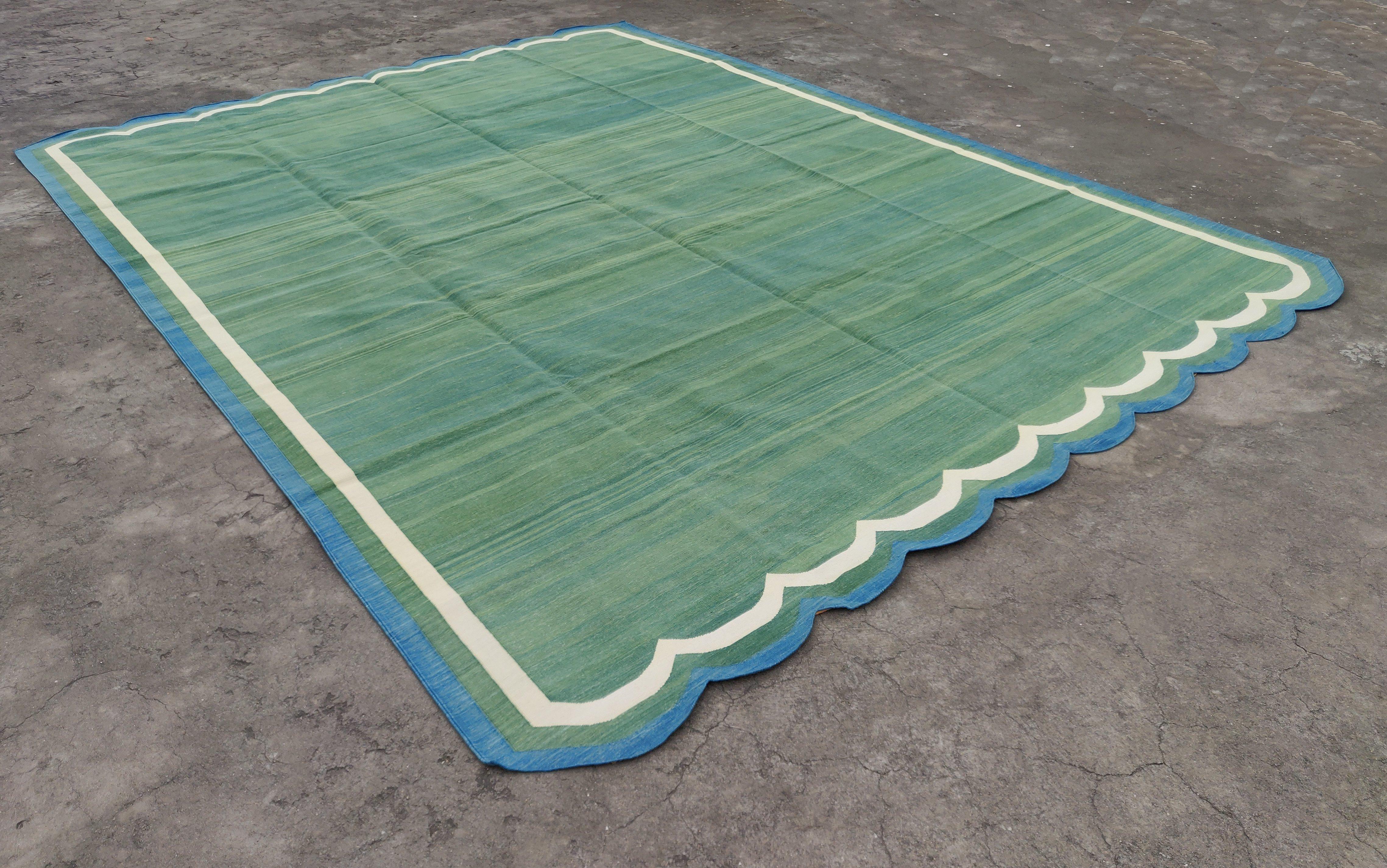 Indian Handmade Cotton Area Flat Weave Rug, 10x14 Green And Blue Scallop Kilim Dhurrie For Sale