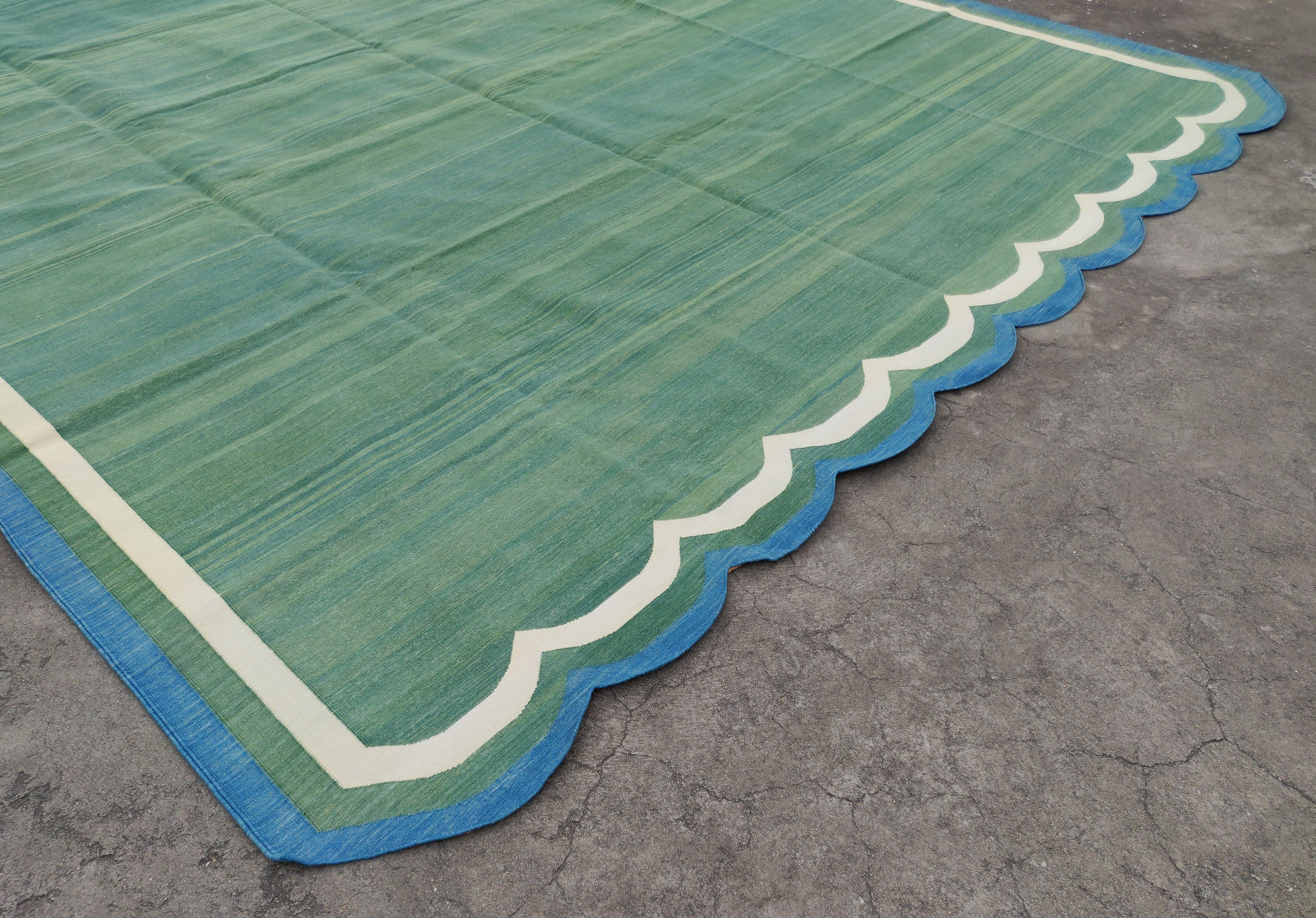Hand-Woven Handmade Cotton Area Flat Weave Rug, 10x14 Green And Blue Scallop Kilim Dhurrie For Sale