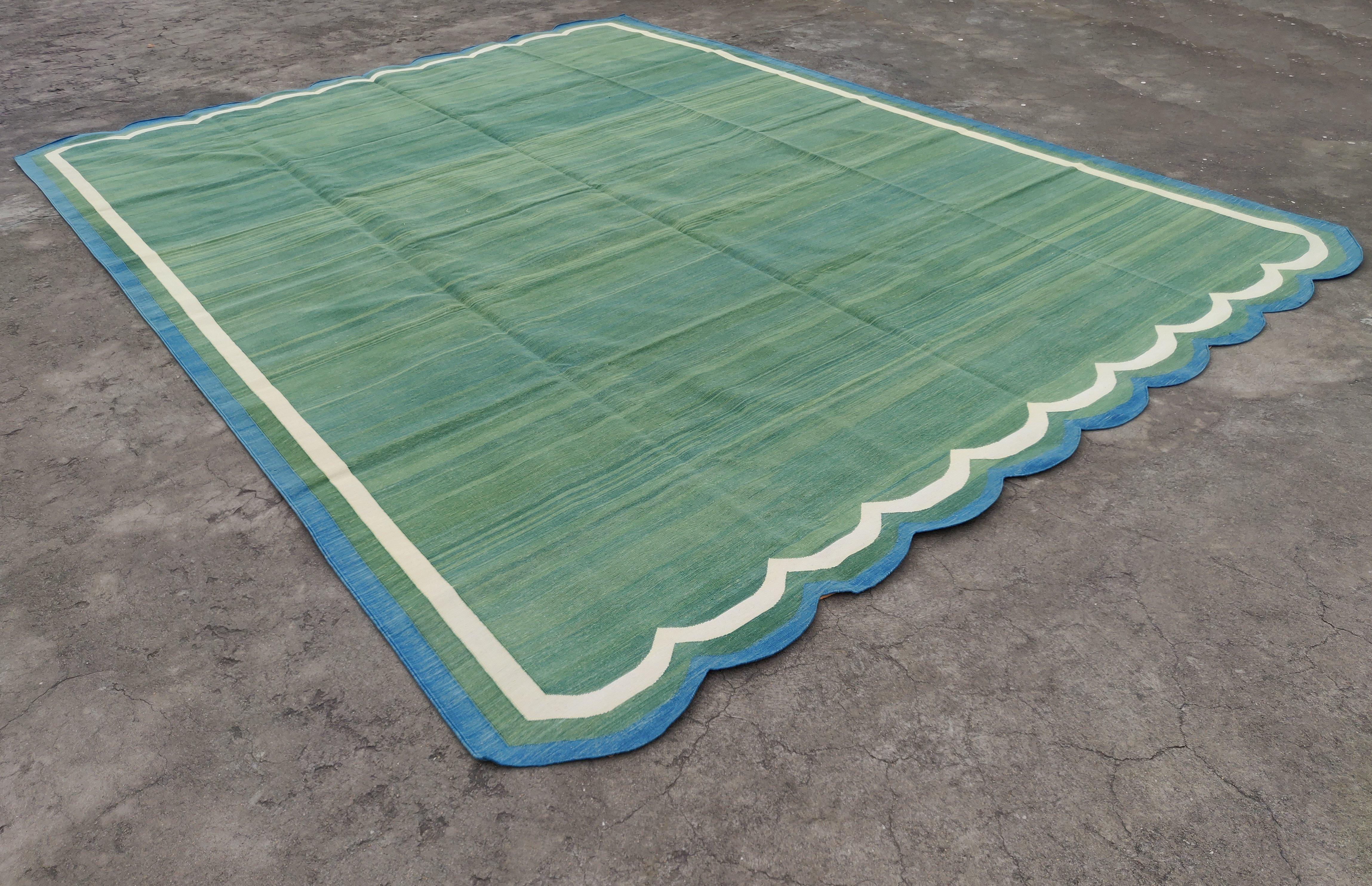 Contemporary Handmade Cotton Area Flat Weave Rug, 10x14 Green And Blue Scallop Kilim Dhurrie For Sale