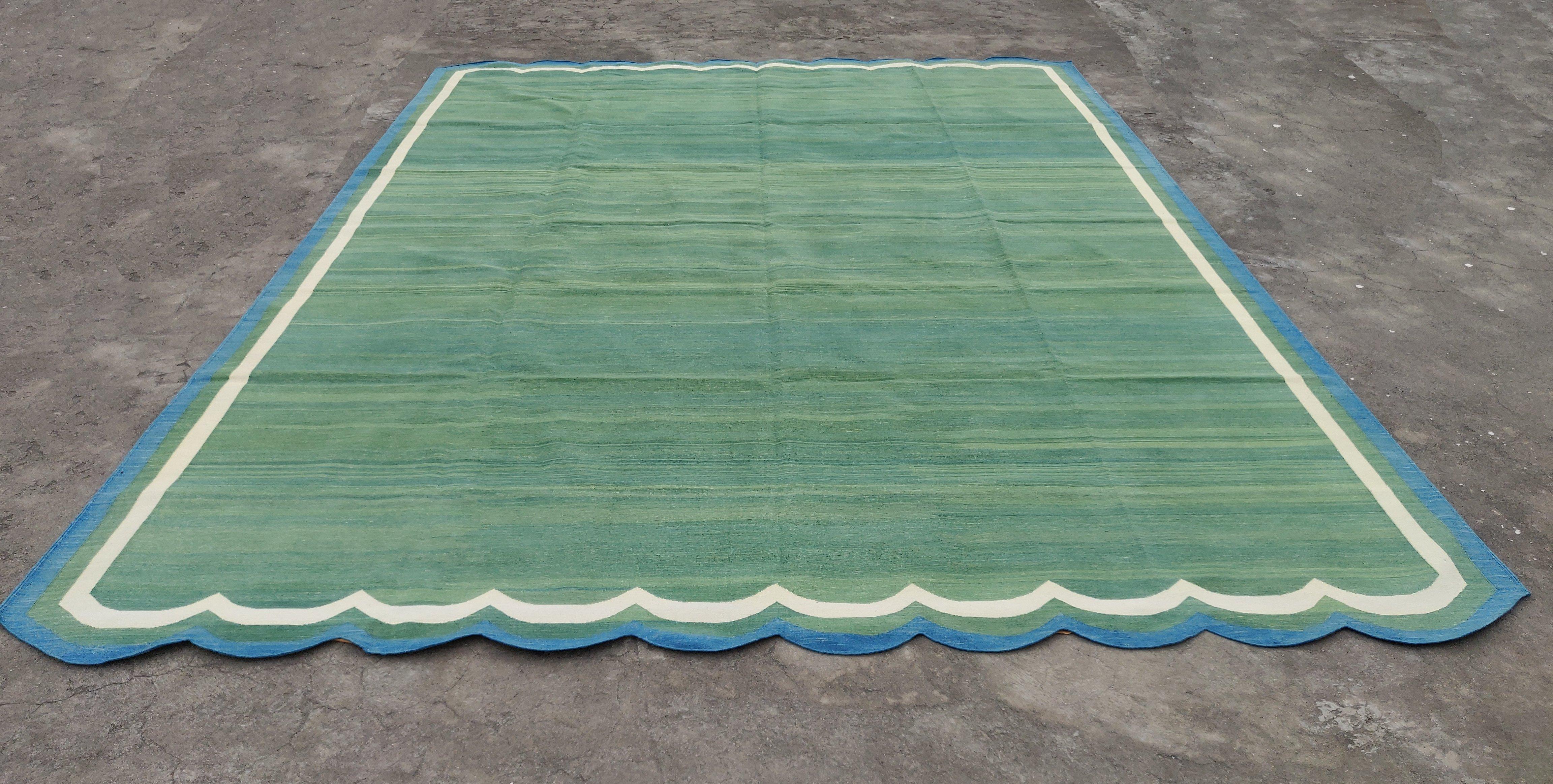 Handmade Cotton Area Flat Weave Rug, 10x14 Green And Blue Scallop Kilim Dhurrie For Sale 1