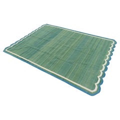 Handgefertigter flacher Baumwollteppich mit Flachgewebe, 10x14 Grüner und blauer Jakobsmuschel-Kelim Dhurrie