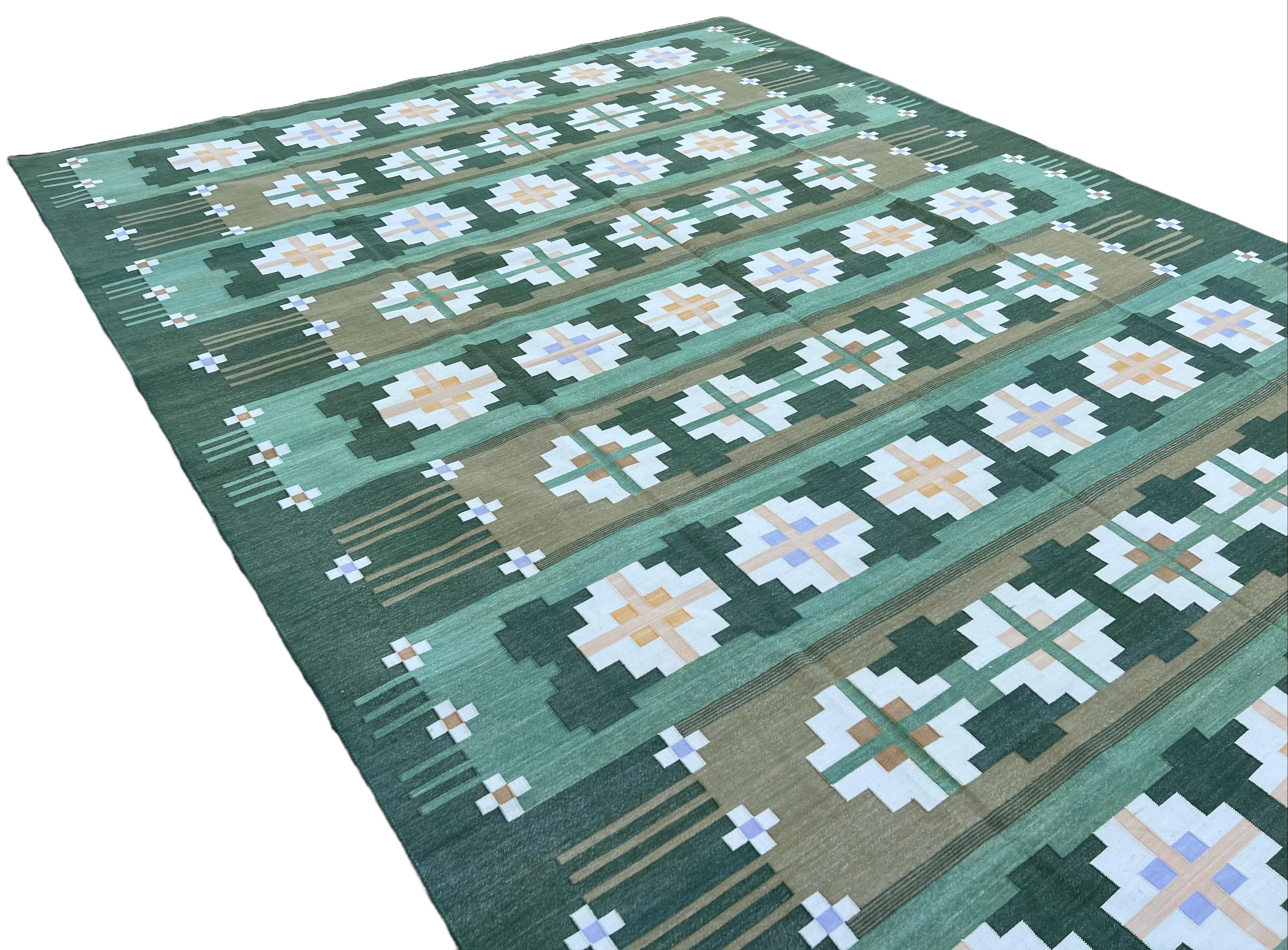 Hand-Woven Handmade Cotton Area Flat Weave Rug, 10x14 Green, Cream Geometric Indian Dhurrie For Sale