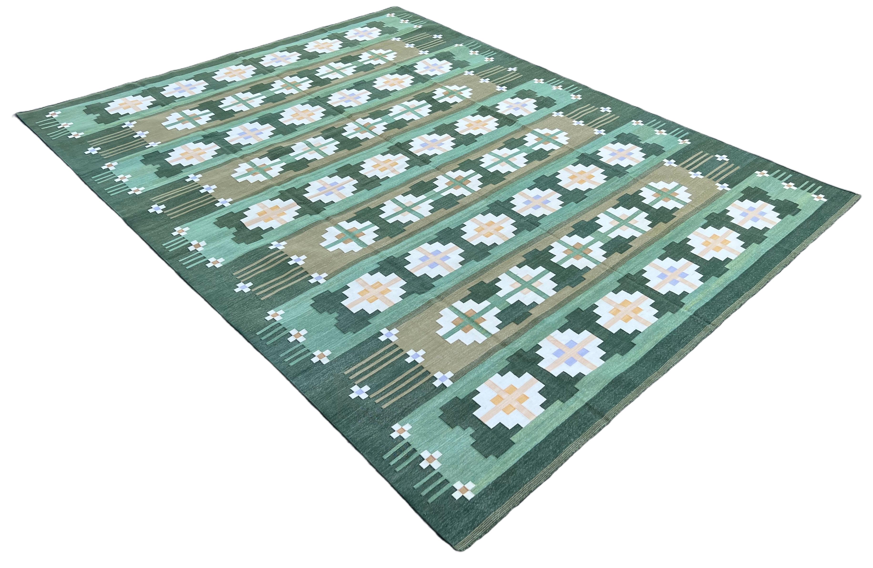 Handmade Cotton Area Flat Weave Rug, 10x14 Green, Cream Geometric Indian Dhurrie For Sale 3