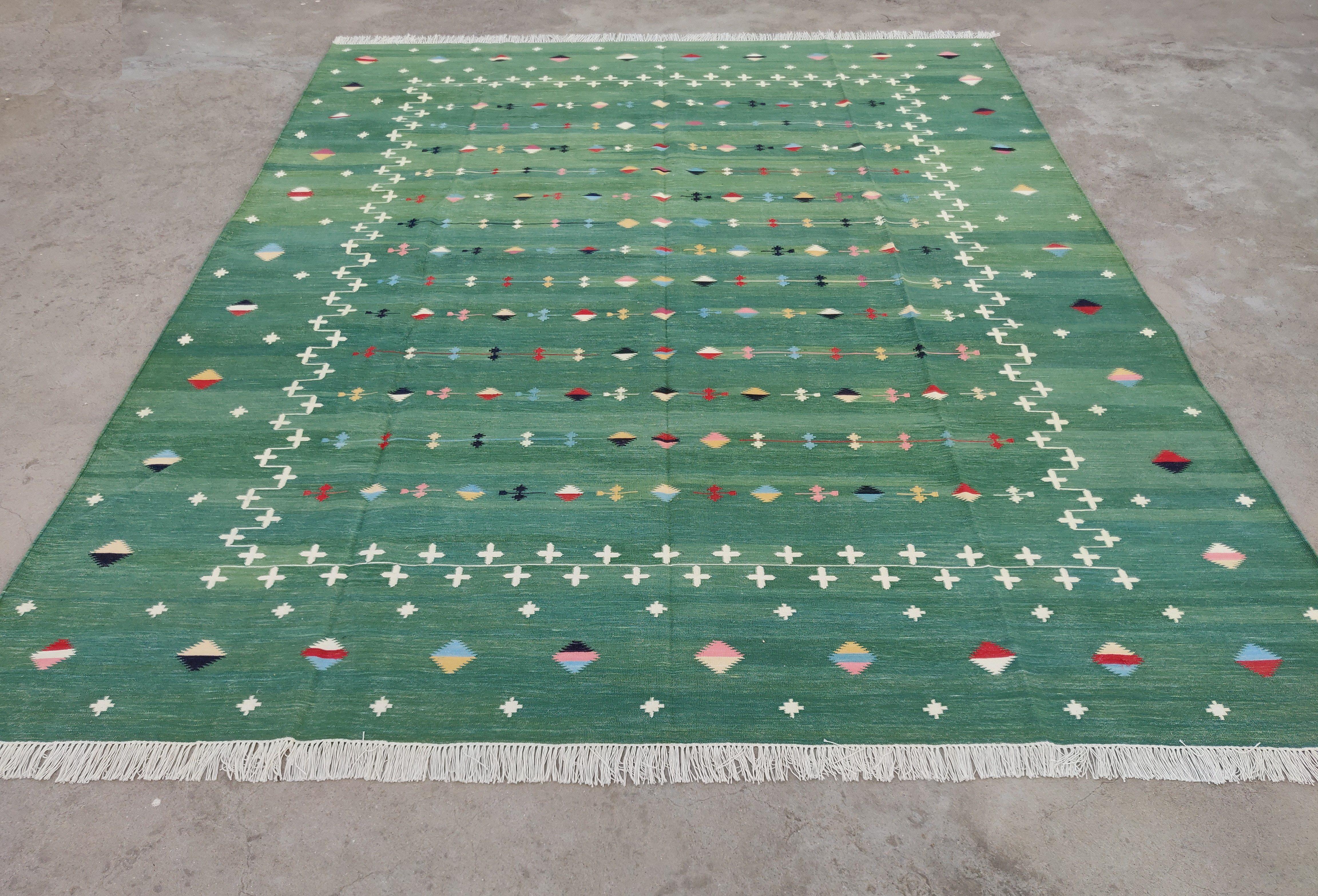 Contemporary Handmade Cotton Area Flat Weave Rug, 10x14 Green Shooting Star Indian Dhurrie For Sale