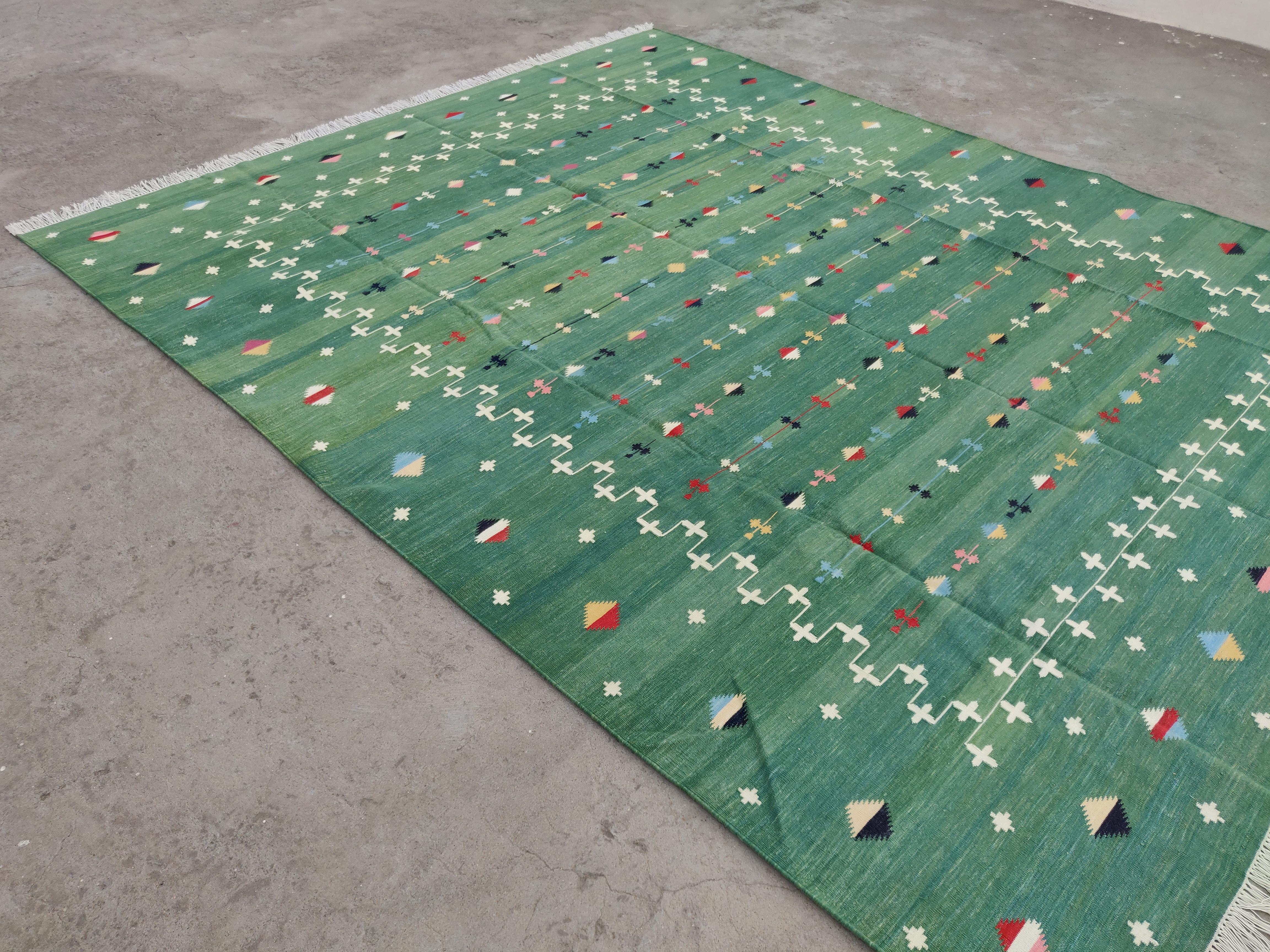 Handmade Cotton Area Flat Weave Rug, 10x14 Green Shooting Star Indian Dhurrie For Sale 2