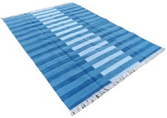 Handmade Cotton Area Flat Weave Rug, 10x14 Indigo Blue Stripe Indian Dhurrie Rug
