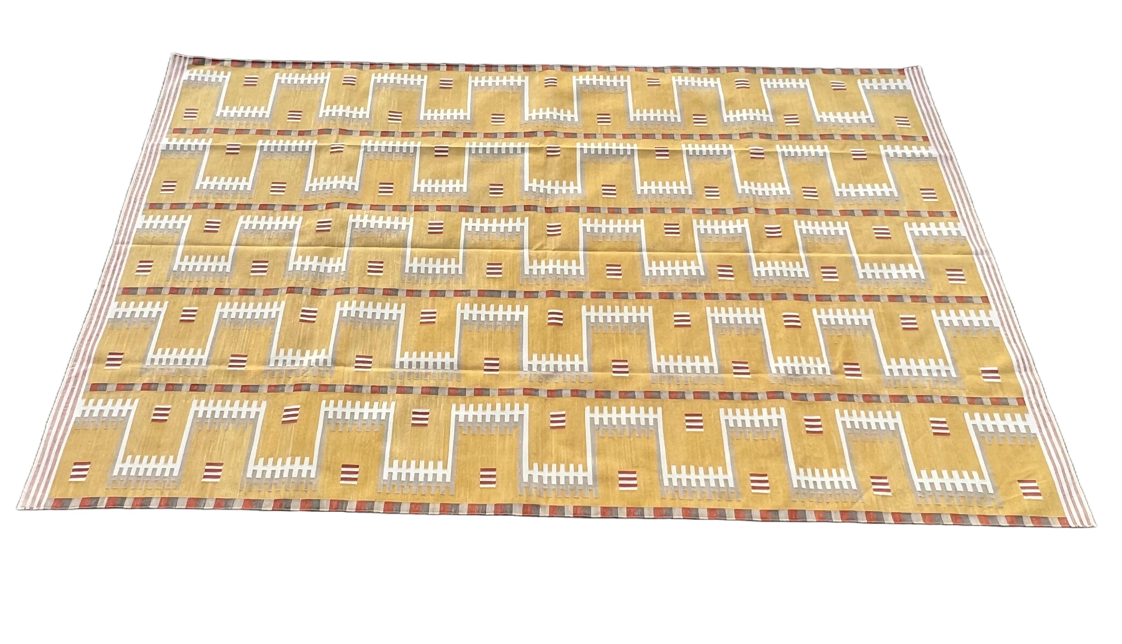 Handmade Cotton Area Flat Weave Rug, 10x14 Mustard Geometric Indian Dhurrie Rug For Sale 6