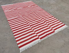 Handmade Cotton Area Flat Weave Rug, 10x14 Red And White Striped Indian Dhurrie