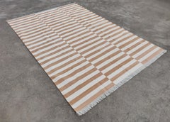 Handmade Cotton Area Flat Weave Rug, 10x14 Tan And White Striped Indian Dhurrie