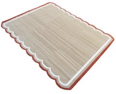 Tappeto a tessitura piatta in cotone fatto a mano, 12x15 beige, rosso smerlato indiano Dhurrie