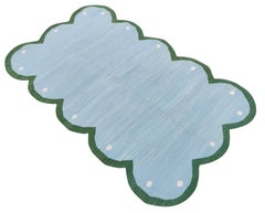 Handmade Cotton Area Flat Weave Rug, 12x15 Blue And Green Scallop Indian Dhurrie