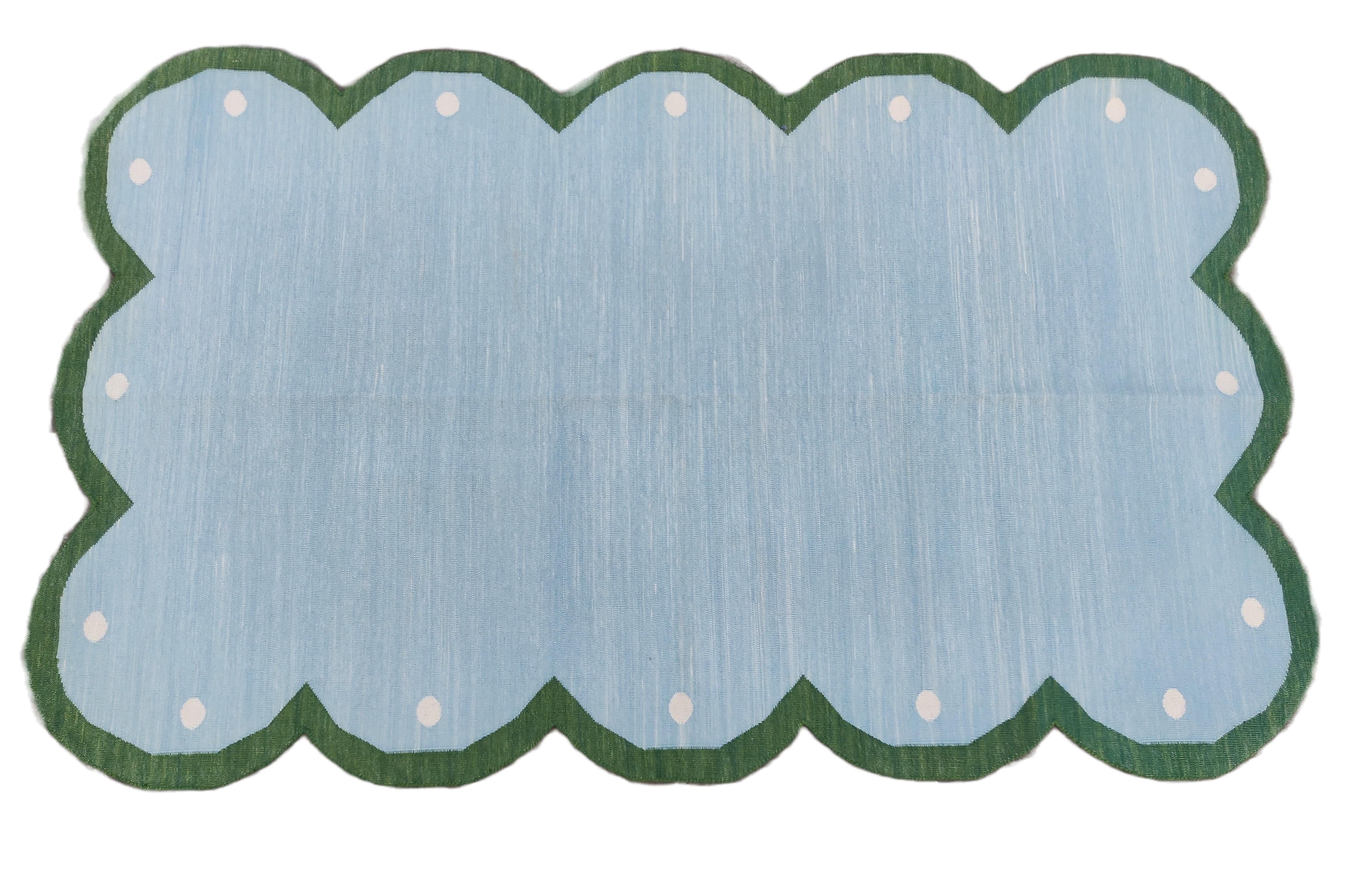 Handmade Cotton Area Flat Weave Rug, 12x15 Blue And Green Scallop Indian Dhurrie For Sale 2
