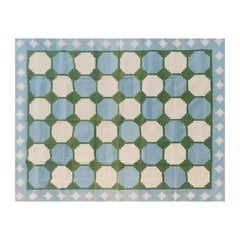 Tapis Dhurrie indien à tissage plat fait à la main, 12 x 15 cm, carreaux bleus et verts