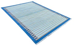 Handmade Cotton Area Flat Weave Rug, 12x15 Blue And Green Zig Zag Stripe Dhurrie