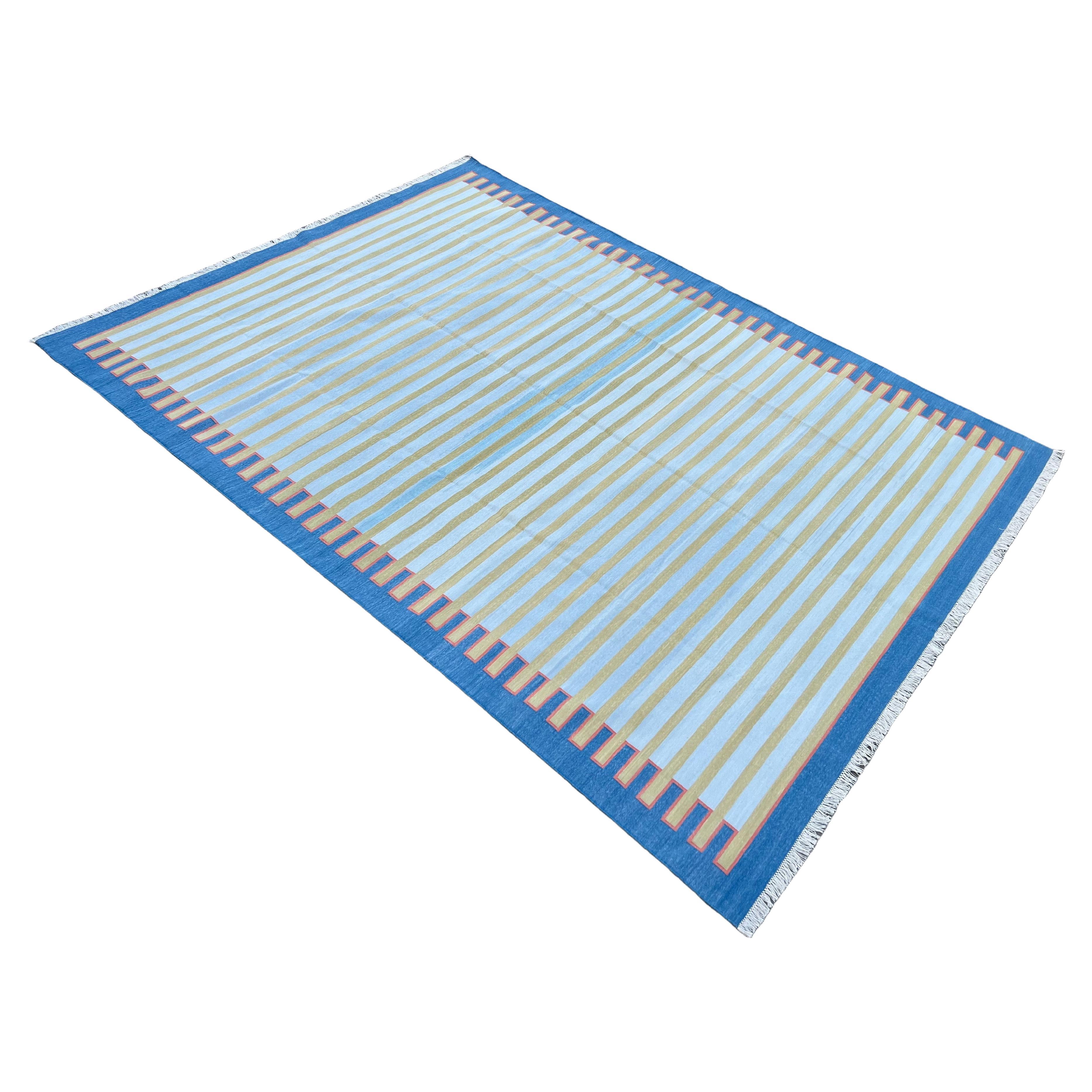 Handmade Cotton Area Flat Weave Rug, 12x15 Blue And Green Zig Zag Stripe Dhurrie
