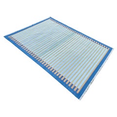 Handmade Cotton Area Flat Weave Rug, 12x15 Blue And Green Zig Zag Stripe Dhurrie