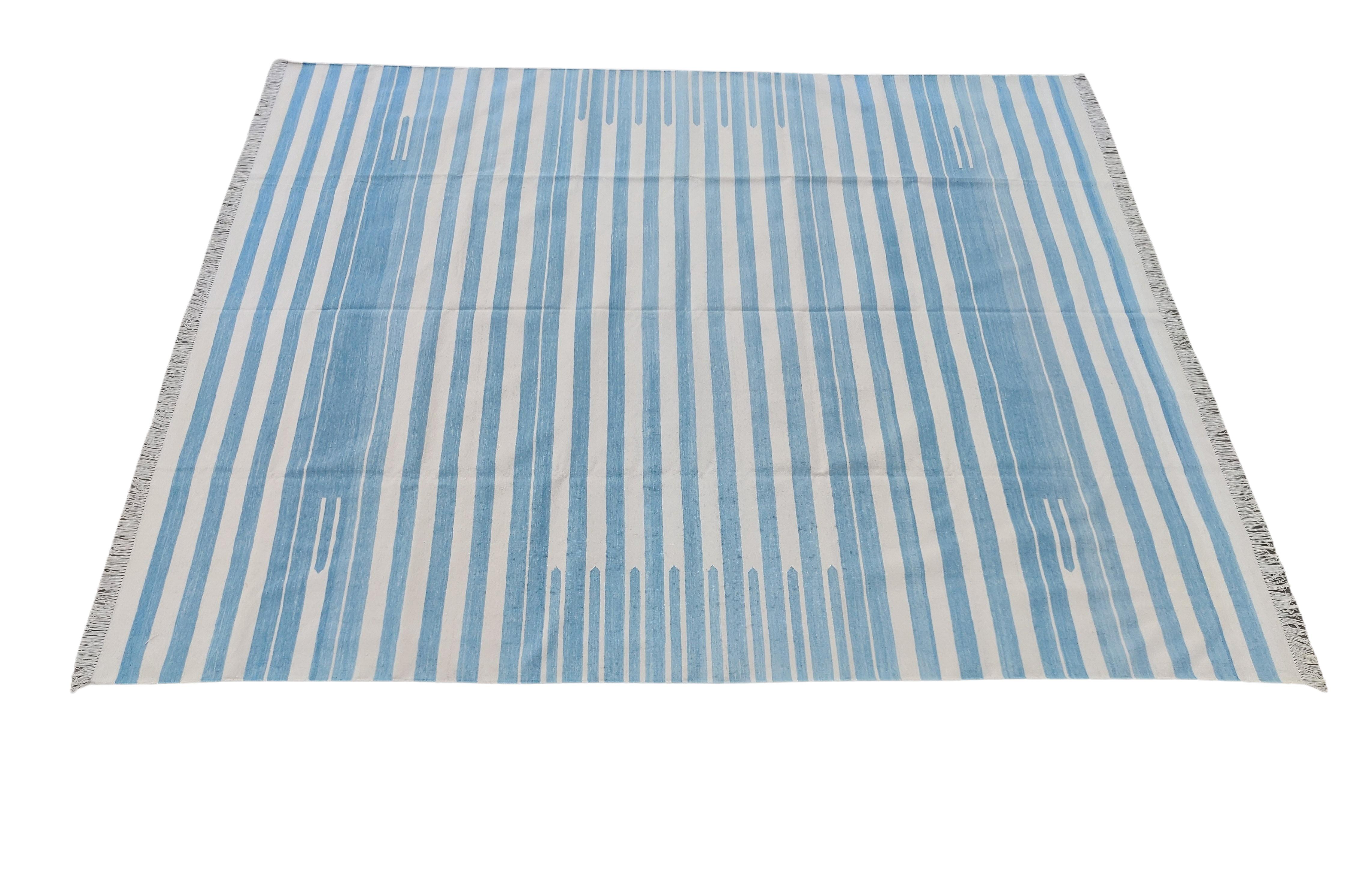 Handmade Cotton Area Flat Weave Rug, 12x15 Blue And White Striped Indian Dhurrie For Sale 5
