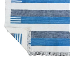 Handmade Cotton Area Flat Weave Rug, 12x15 Blue And White Striped Indian Dhurrie