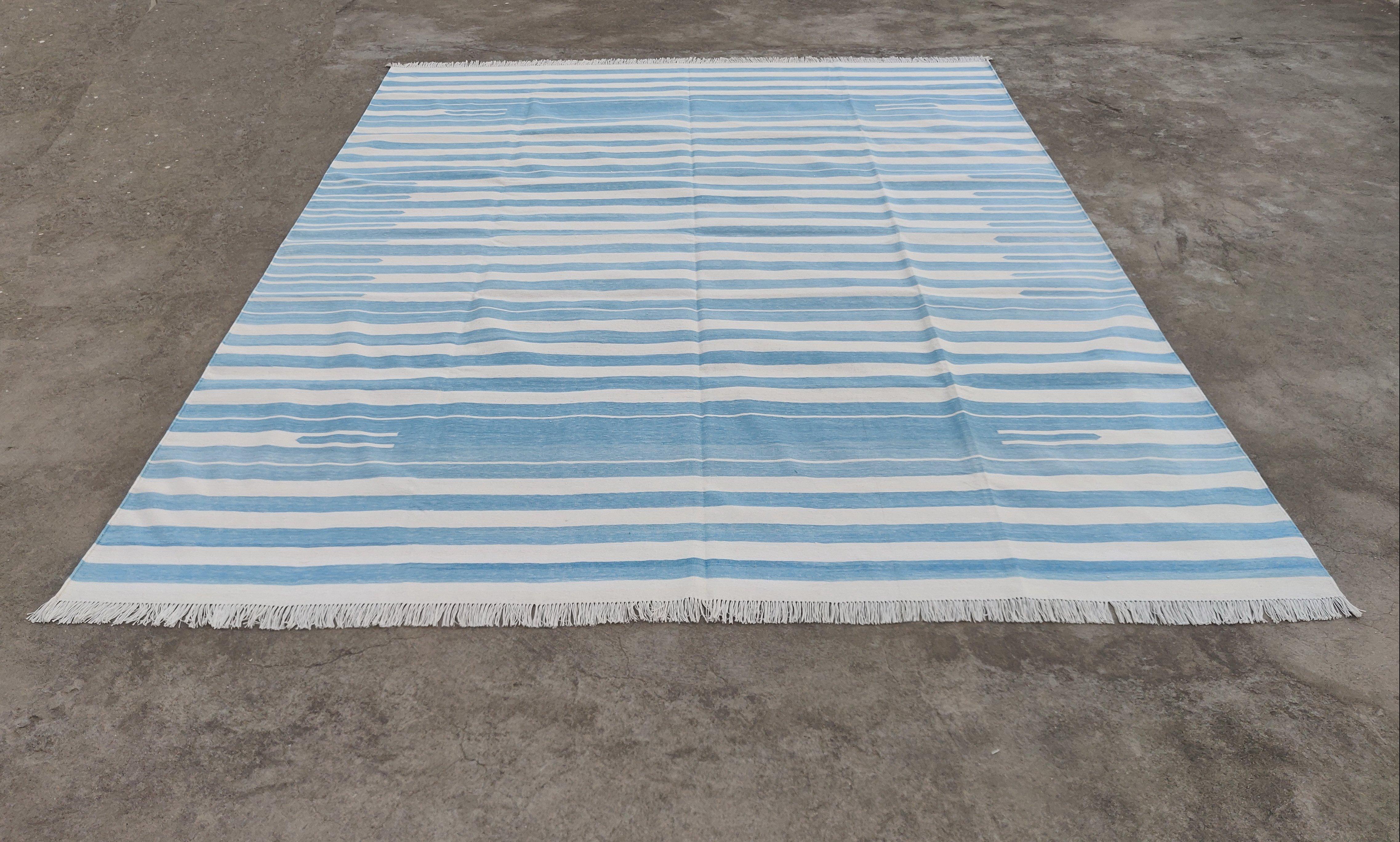 Handmade Cotton Area Flat Weave Rug, 12x15 Blue And White Striped Indian Dhurrie For Sale 3