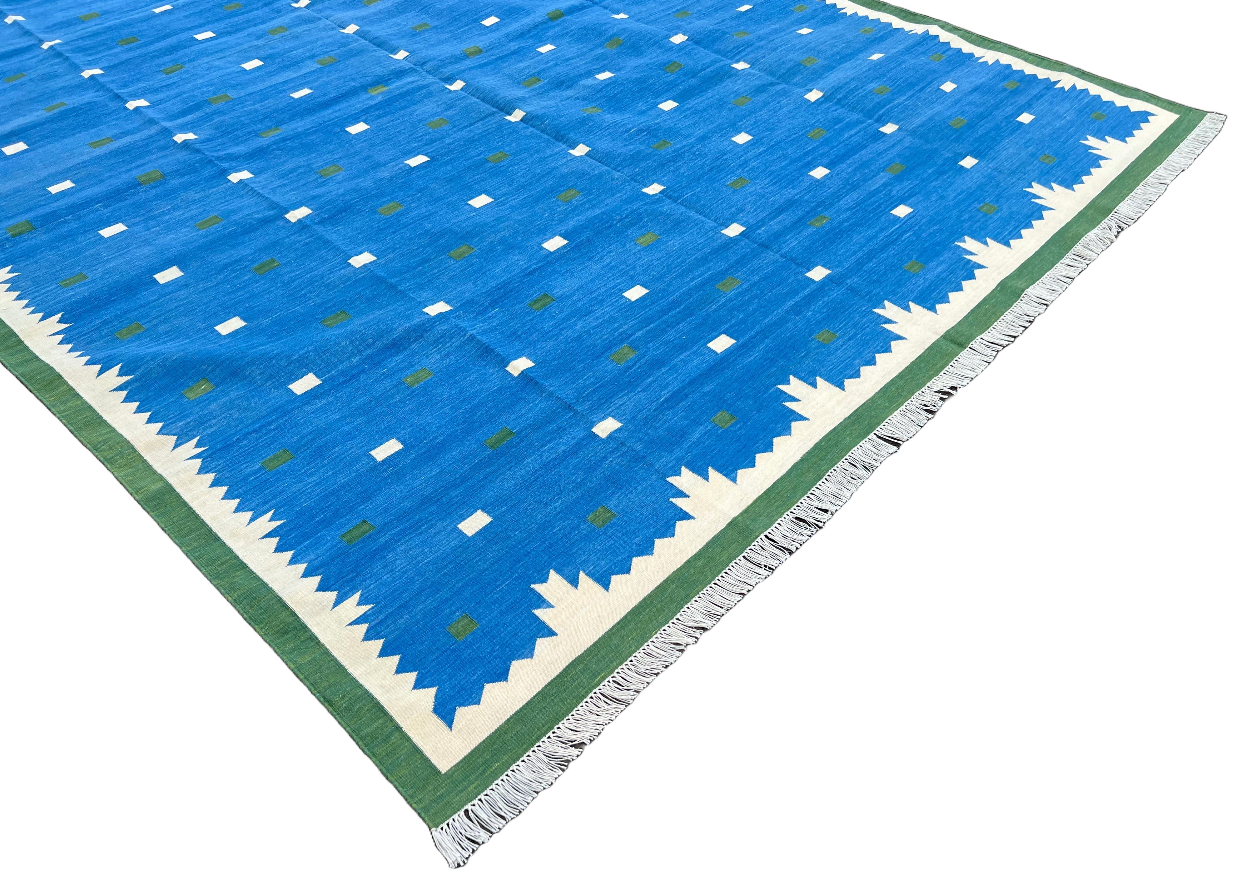 Indien Tapis en coton tissé à plat, 12x15 bleu, vert géométrique indien Dhurrie en vente