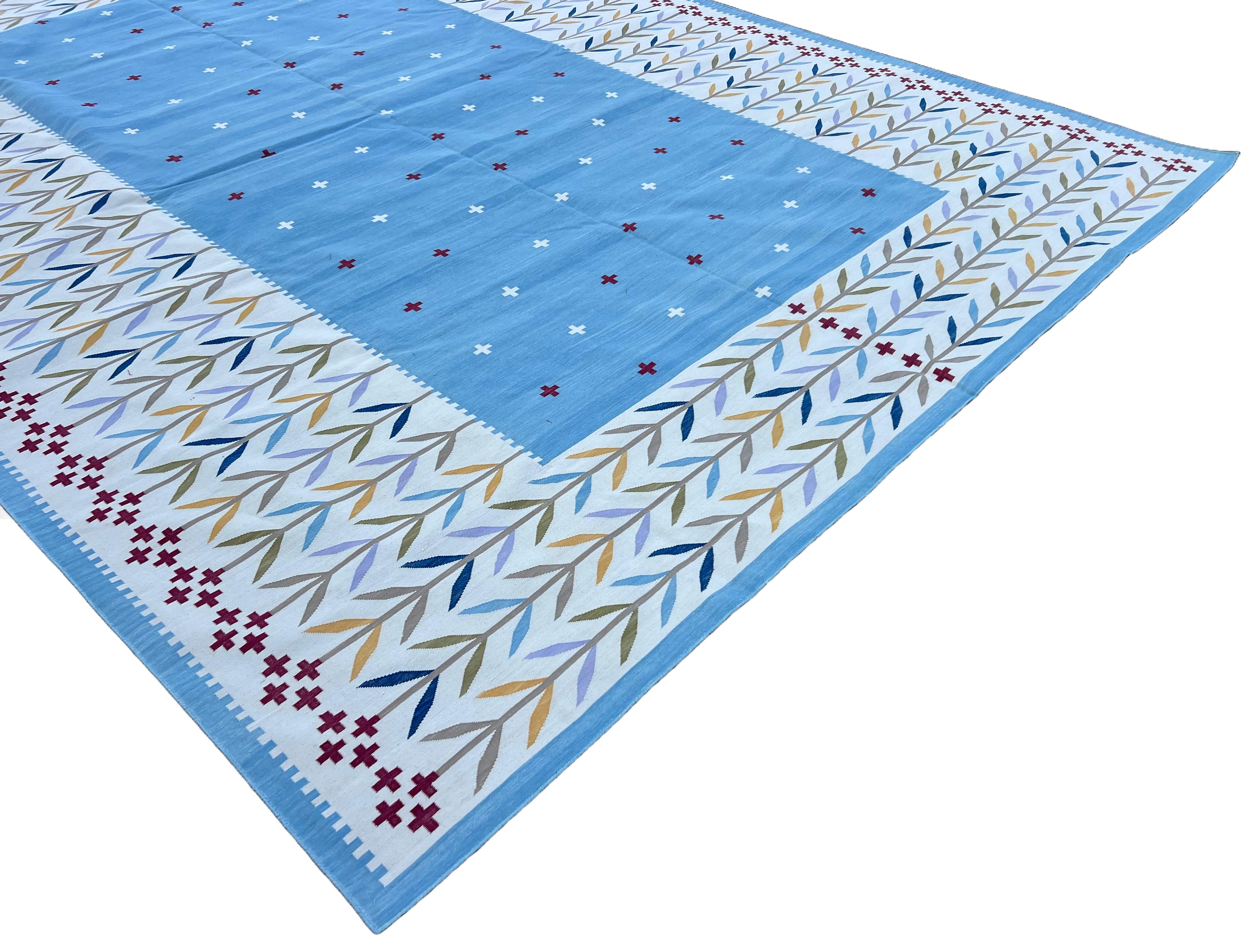 Handmade Cotton Area Flat Weave Rug, 12x15 Cream, Blue, Red Leaf Indian Dhurrie For Sale 2