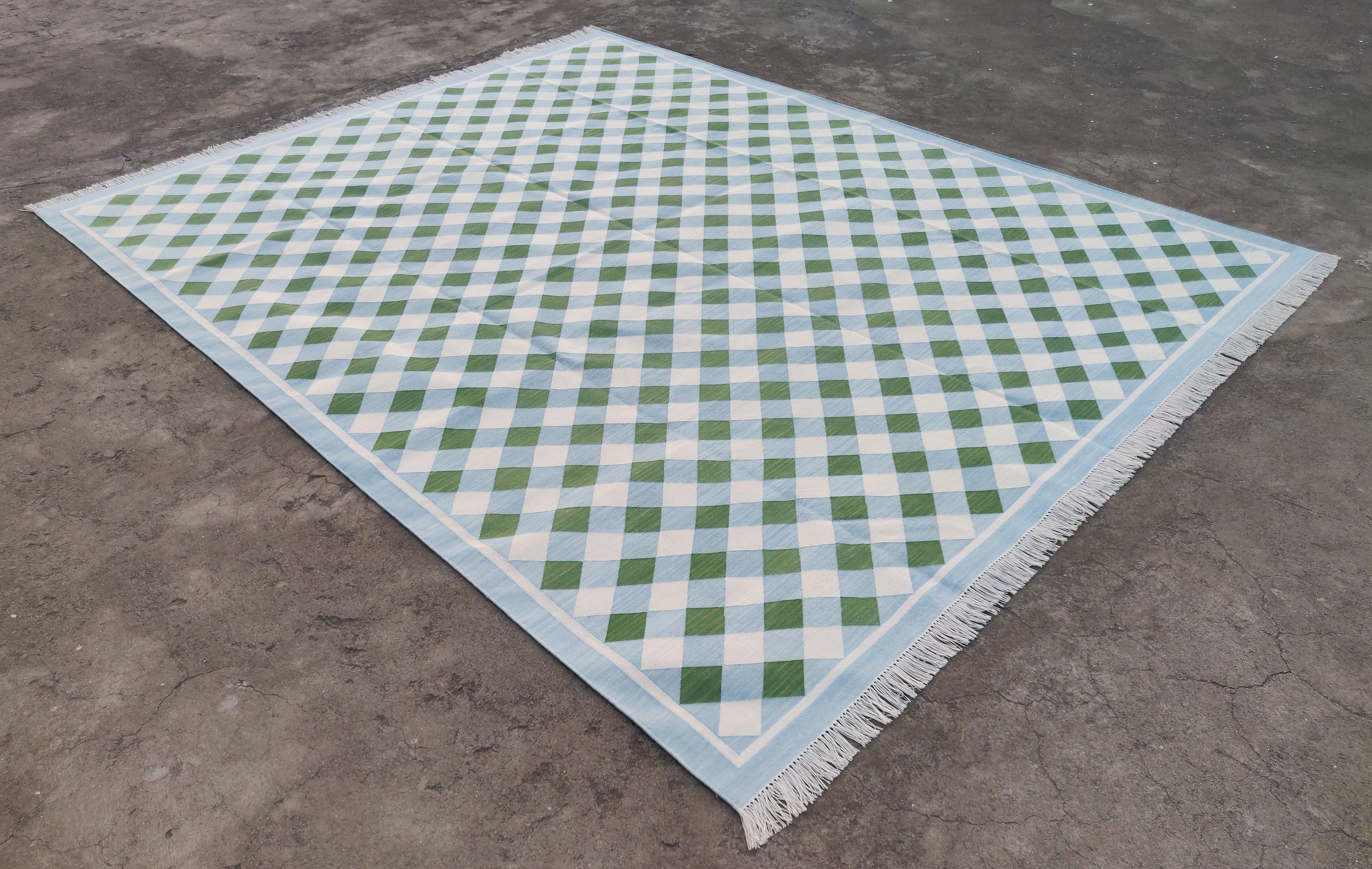 Tapis Dhurrie indien à carreaux verts et bleus, tissé à la main, 12 x 15 cm en vente 2